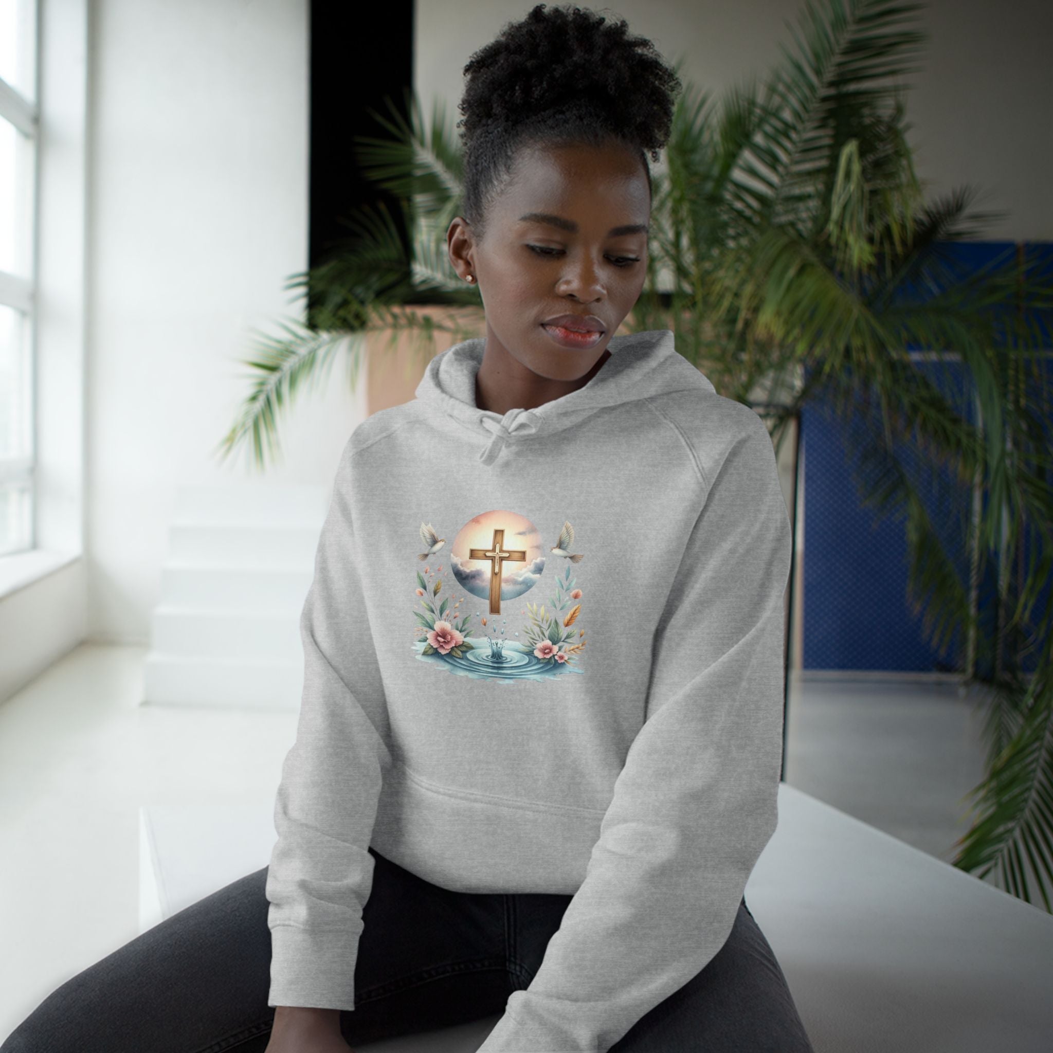 Christian Cross Floral Hoodie – Faith, Doves & Water Illustration