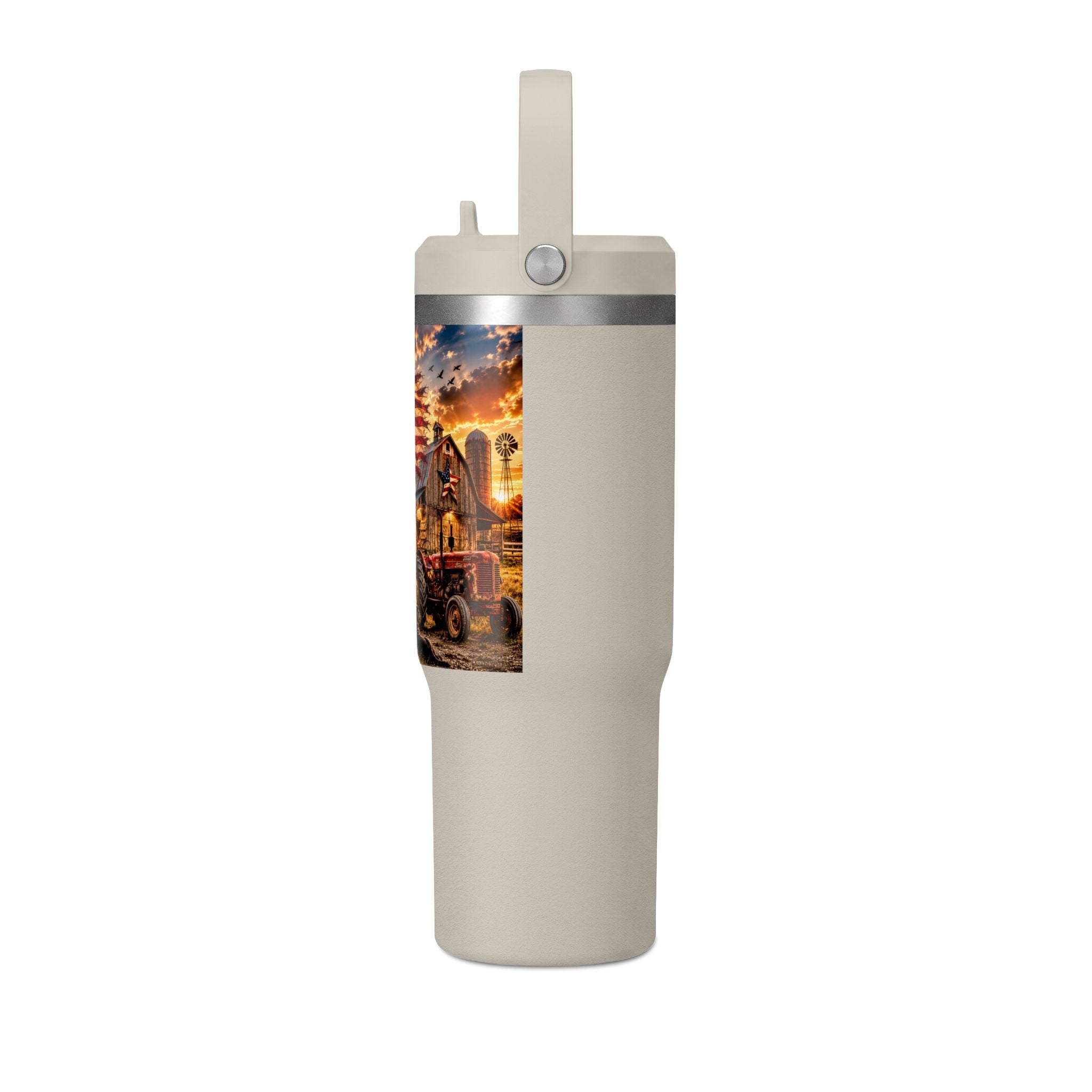 32oz Nomad Tumbler — Patriotic American Flag & Rustic Farm Scene Insulated Travel Mug