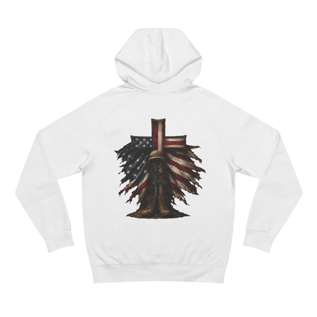 American Flag Cross Hoodie — Patriotic Skull & Wings Back Graphic