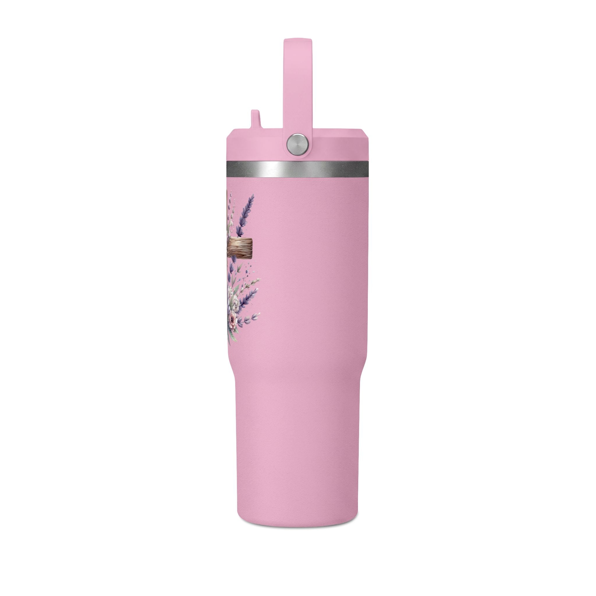 32oz Tumbler with Floral Cross Design — Christian Hydration Bottle | Lavender & Rose Nomad Tumbler