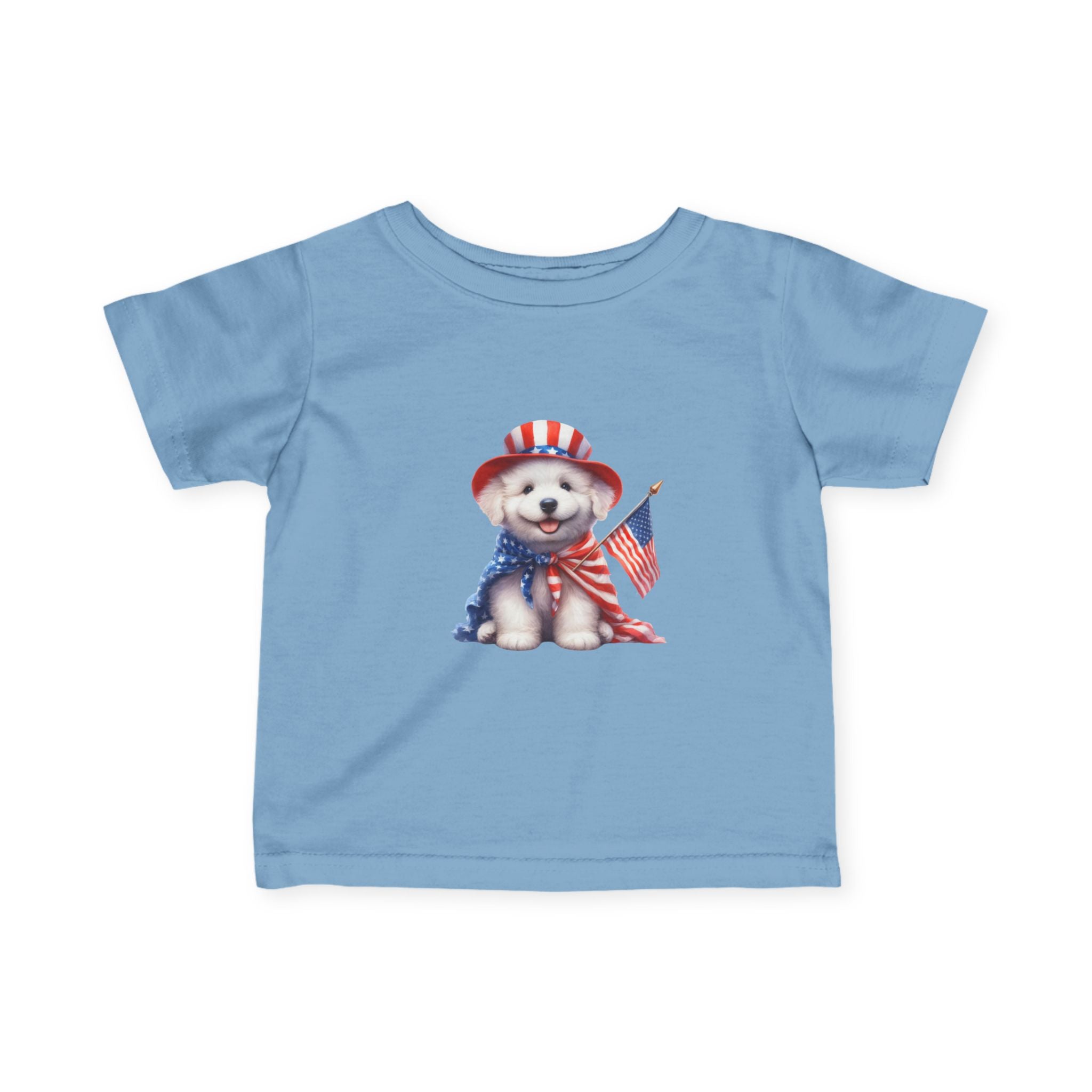 Infant Tee – Patriotic Puppy with American Flag (4th of July Baby Shirt)