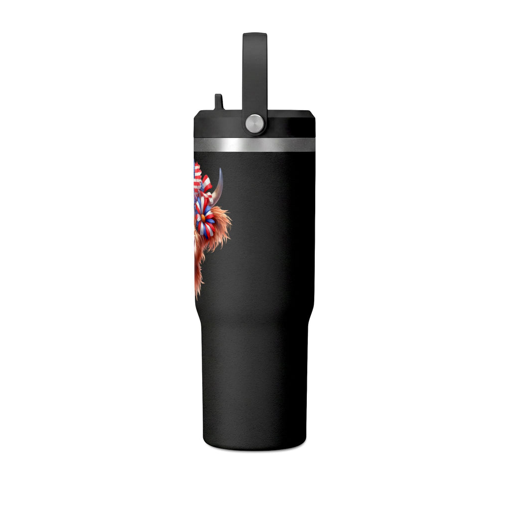 Patriotic Highland Cow 32oz Tumbler – Insulated Travel Mug with American Flag Floral Design