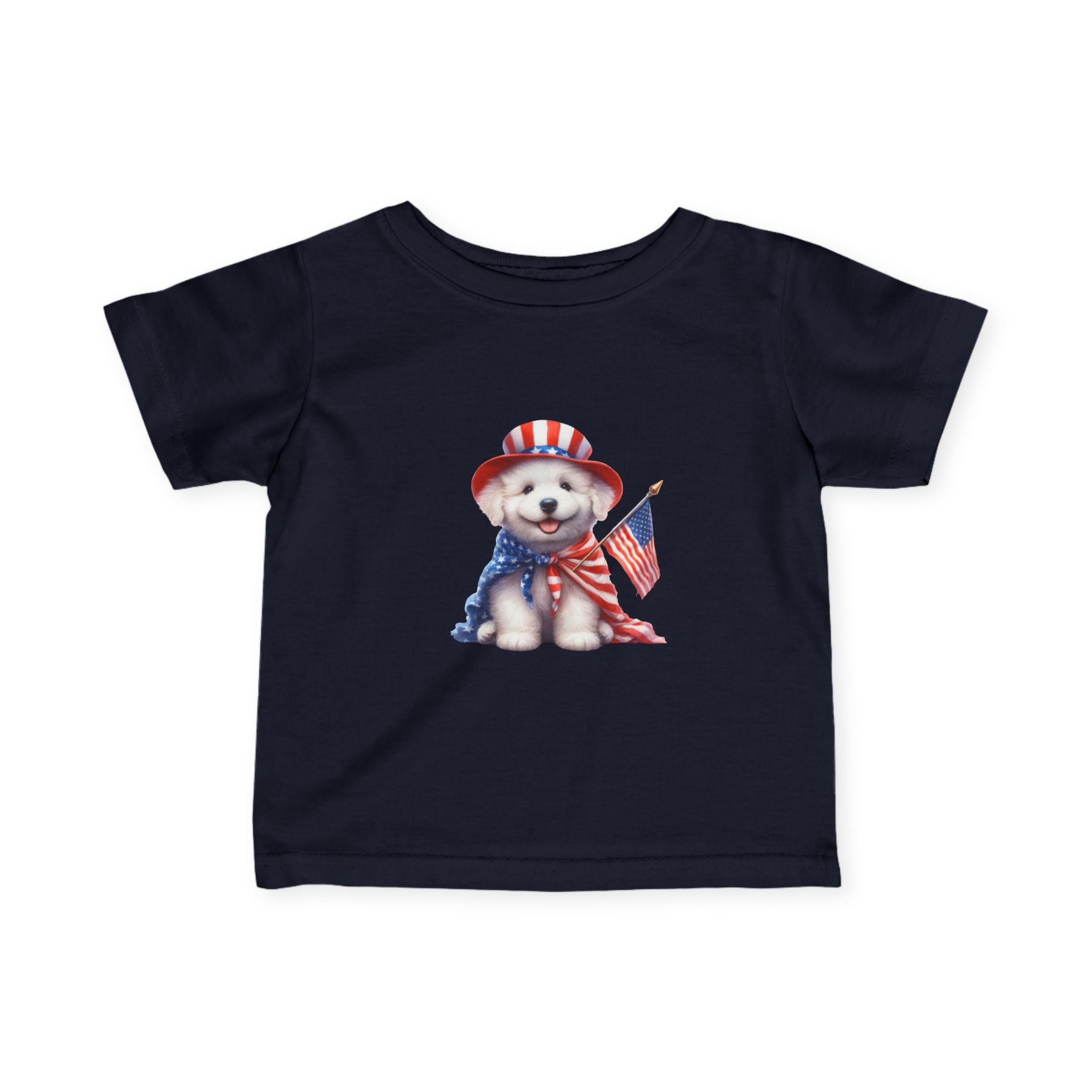 Infant Tee – Patriotic Puppy with American Flag (4th of July Baby Shirt)