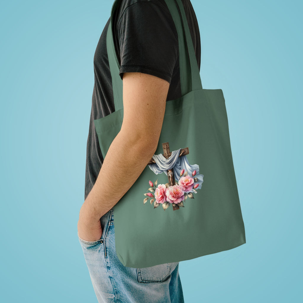 Religious Cross & Roses Cotton Tote Bag — Faith Floral Market Bag