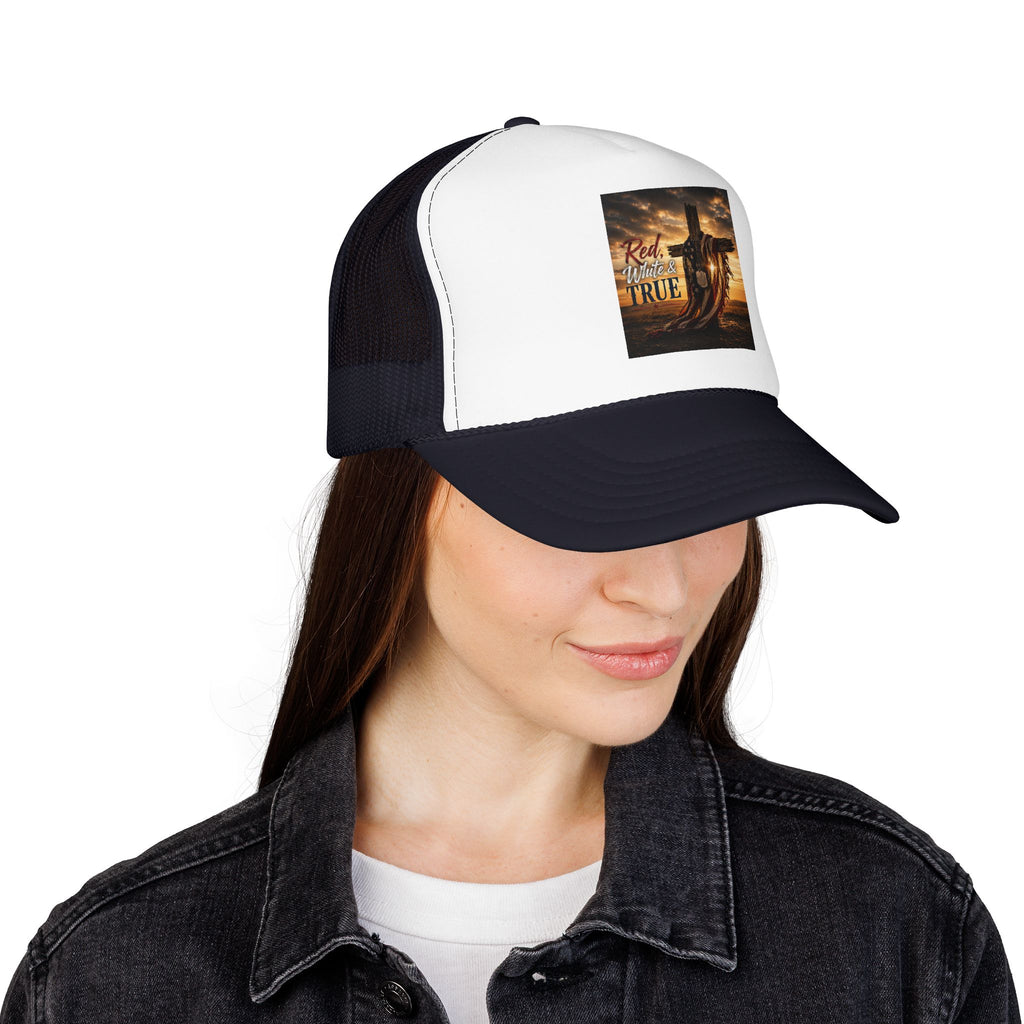 Trucker Hat — "God Made A Farmer" Cross Sunset Foam Trucker Hat