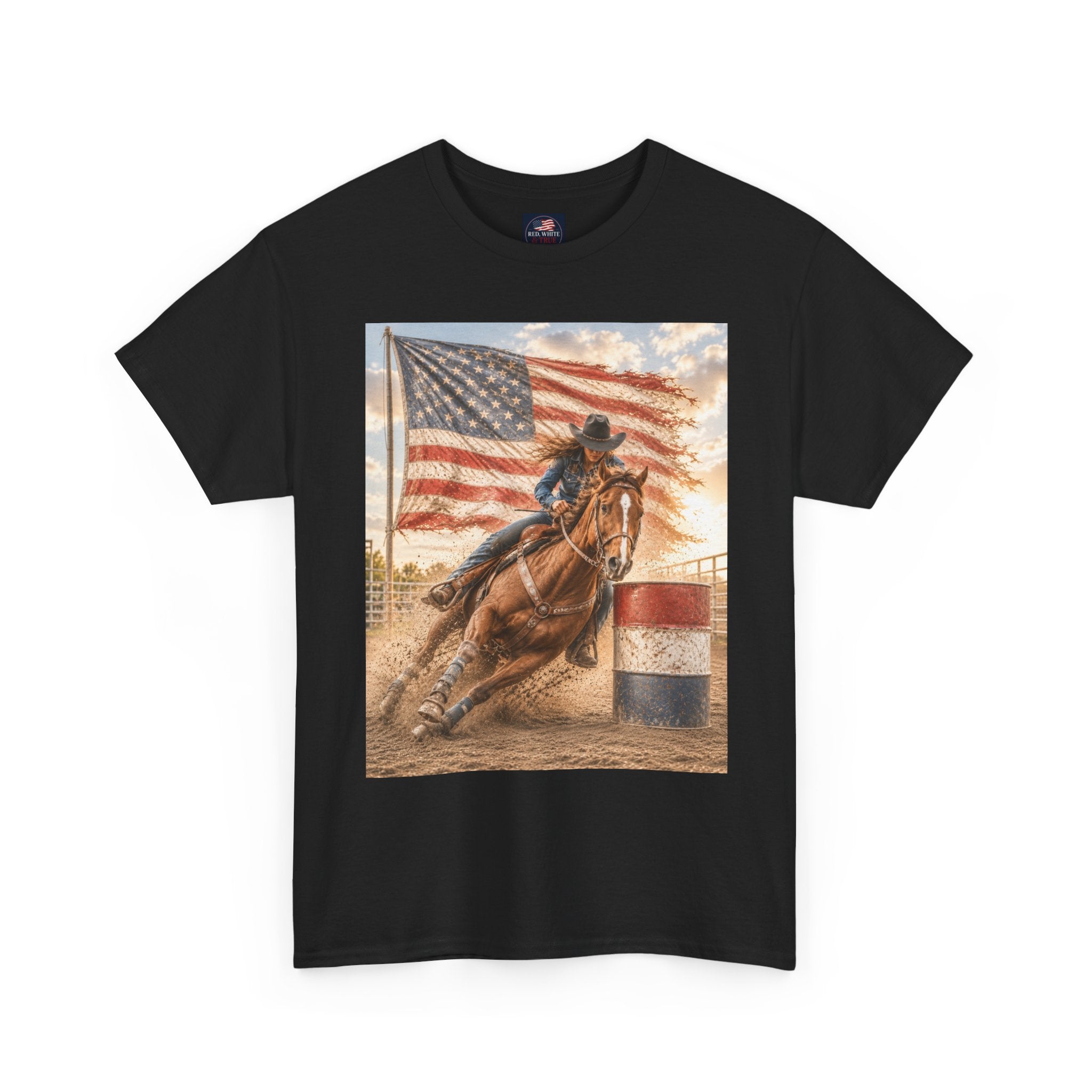 Patriotic Rodeo Barrel Racer T-Shirt — American Flag Horse Racing Tee
