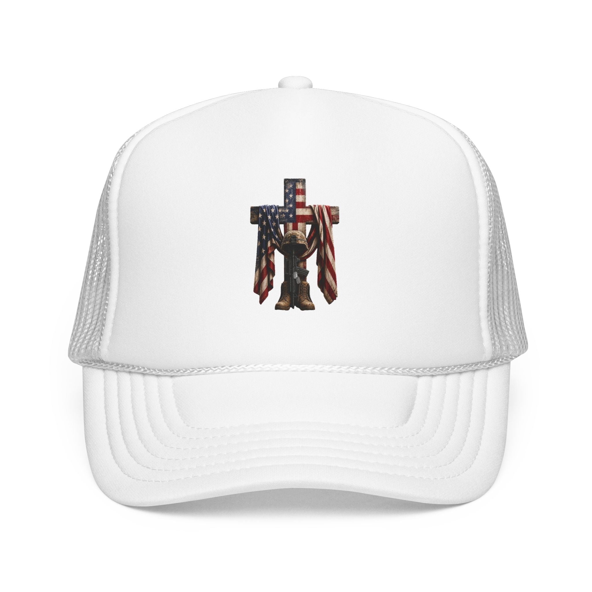 Trucker Hat — American Flag Cross with Soldier Memorial Design