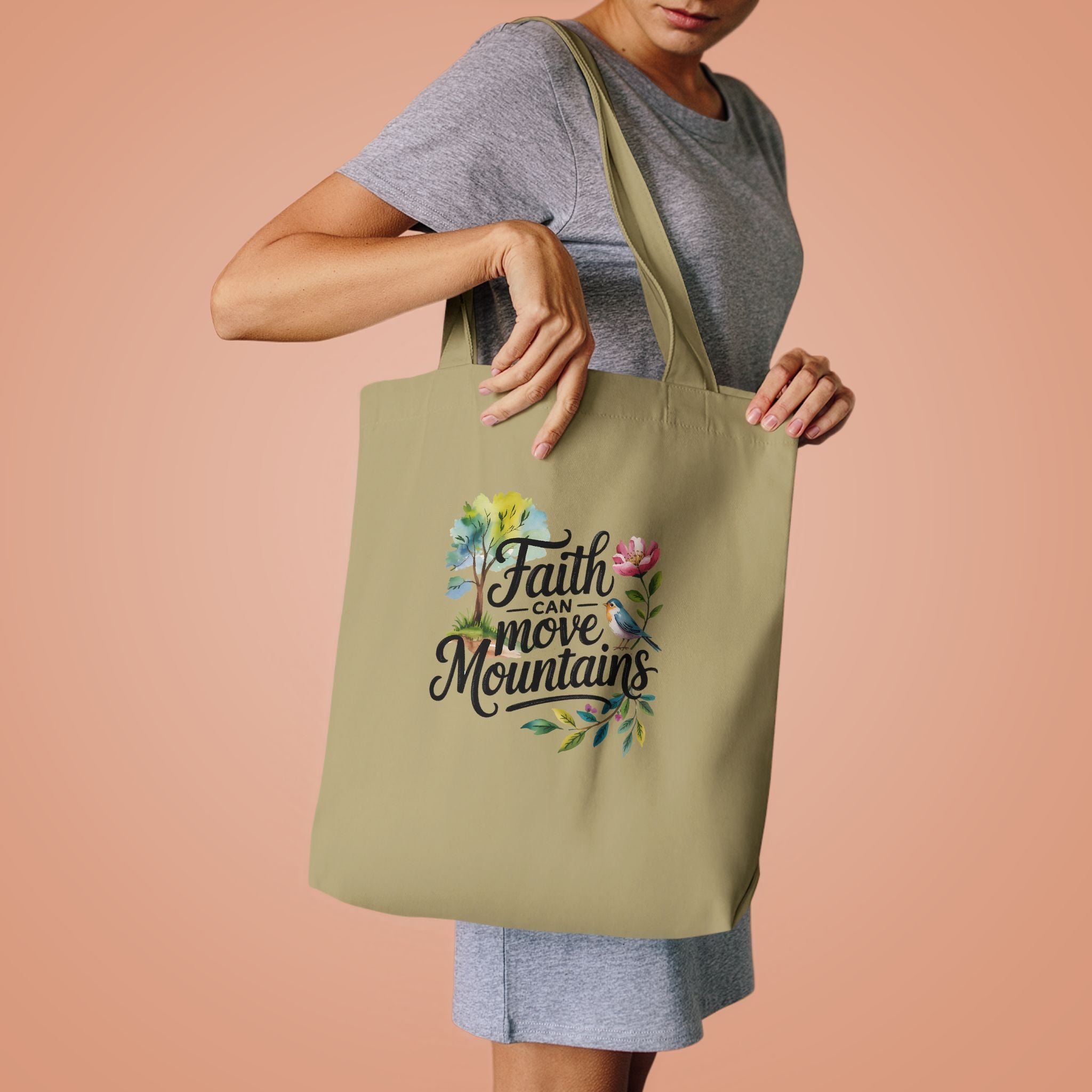 Faith Can Move Mountains Cotton Tote Bag – Floral Inspirational Grocery & Gift Tote