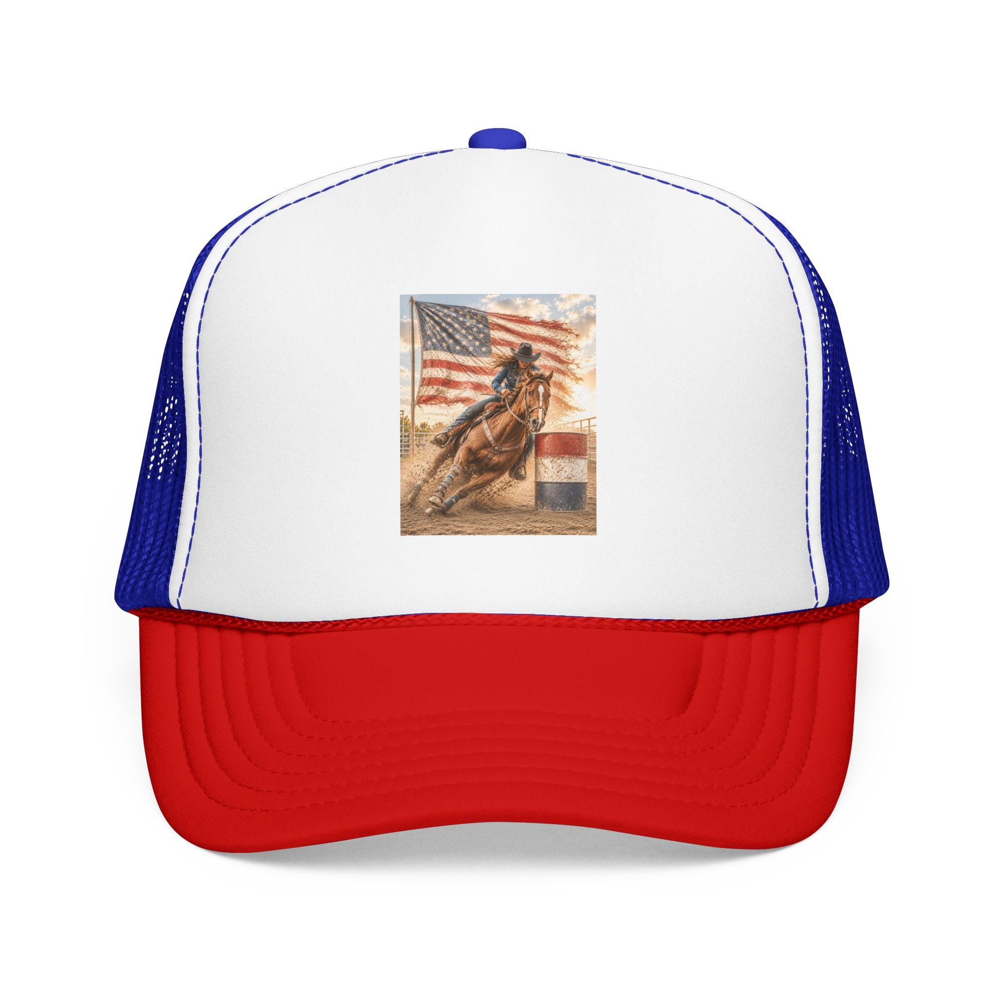 Western Rodeo Trucker Hat — Barrel Racing Horse with American Flag