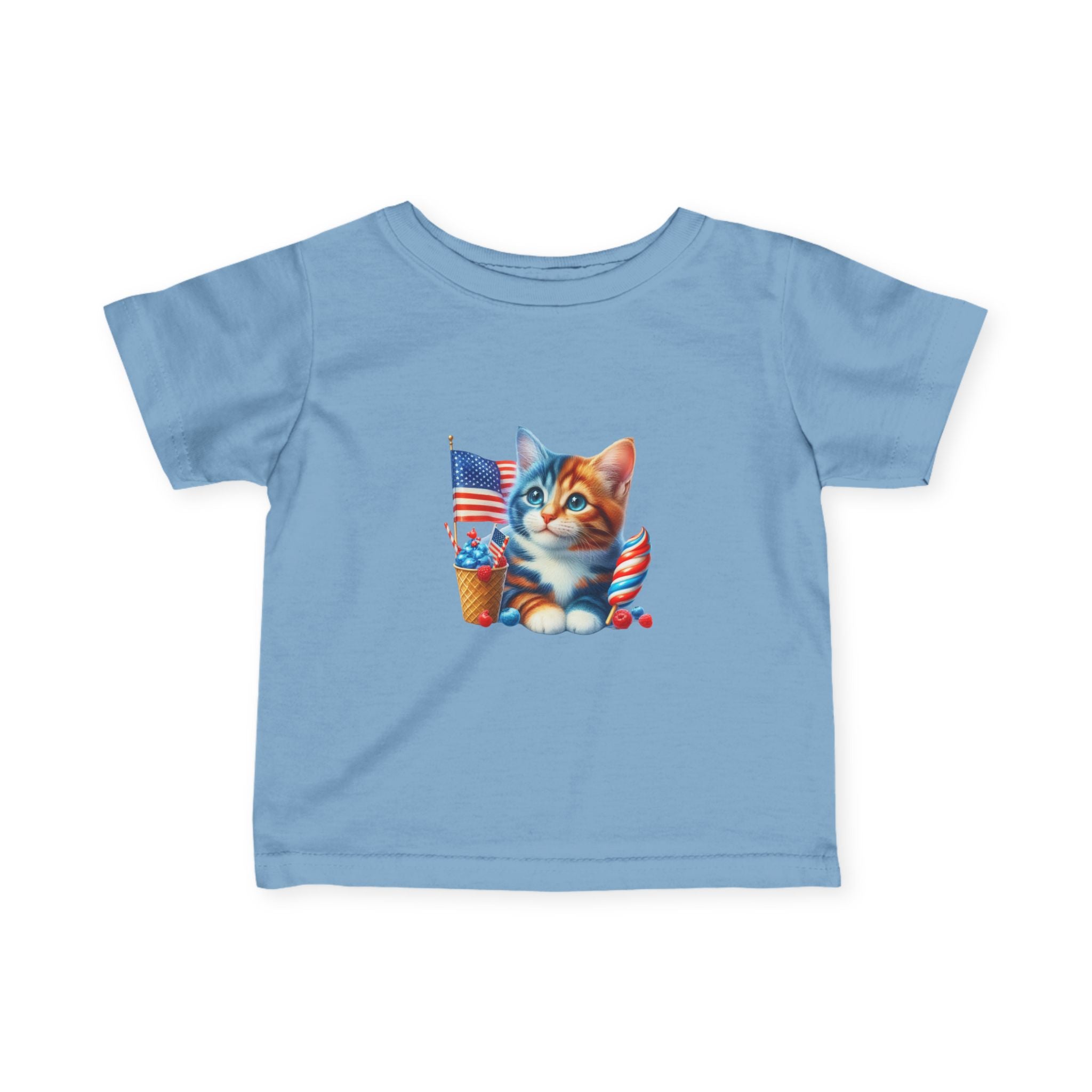 Infant Tee — Patriotic Kitten with Flags & Ice Cream (4th of July Baby Shirt)