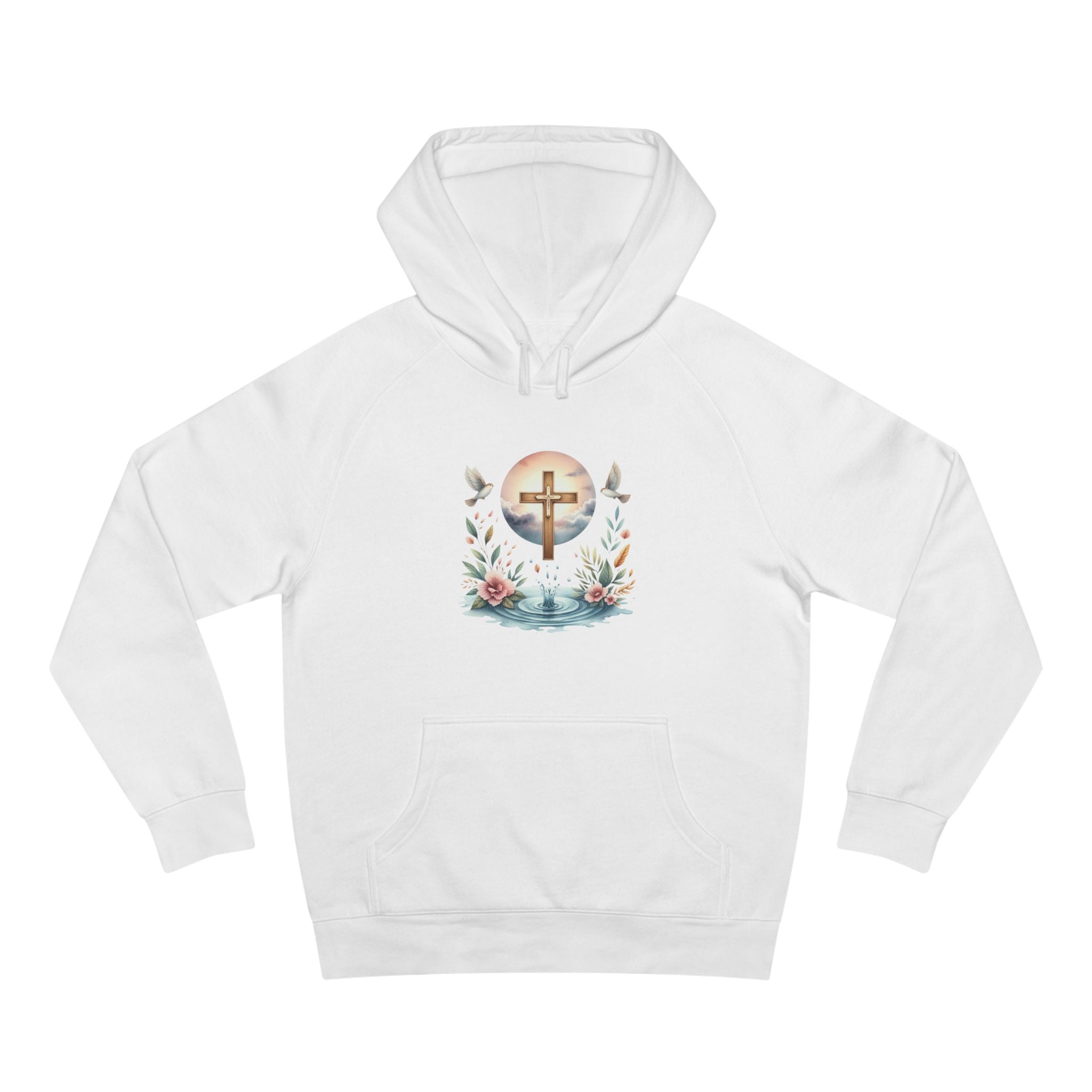 Christian Cross Floral Hoodie – Faith, Doves & Water Illustration