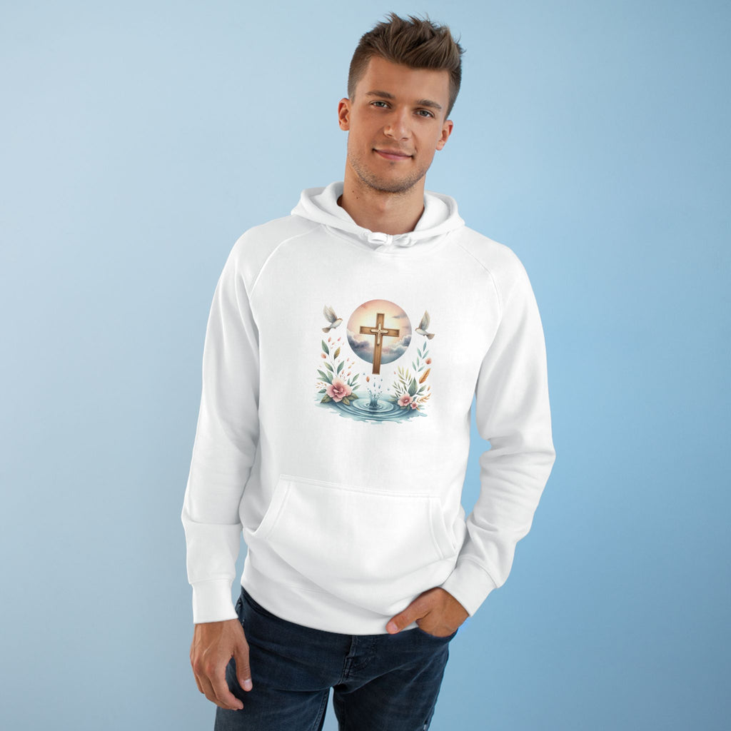 Christian Cross Floral Hoodie – Faith, Doves & Water Illustration