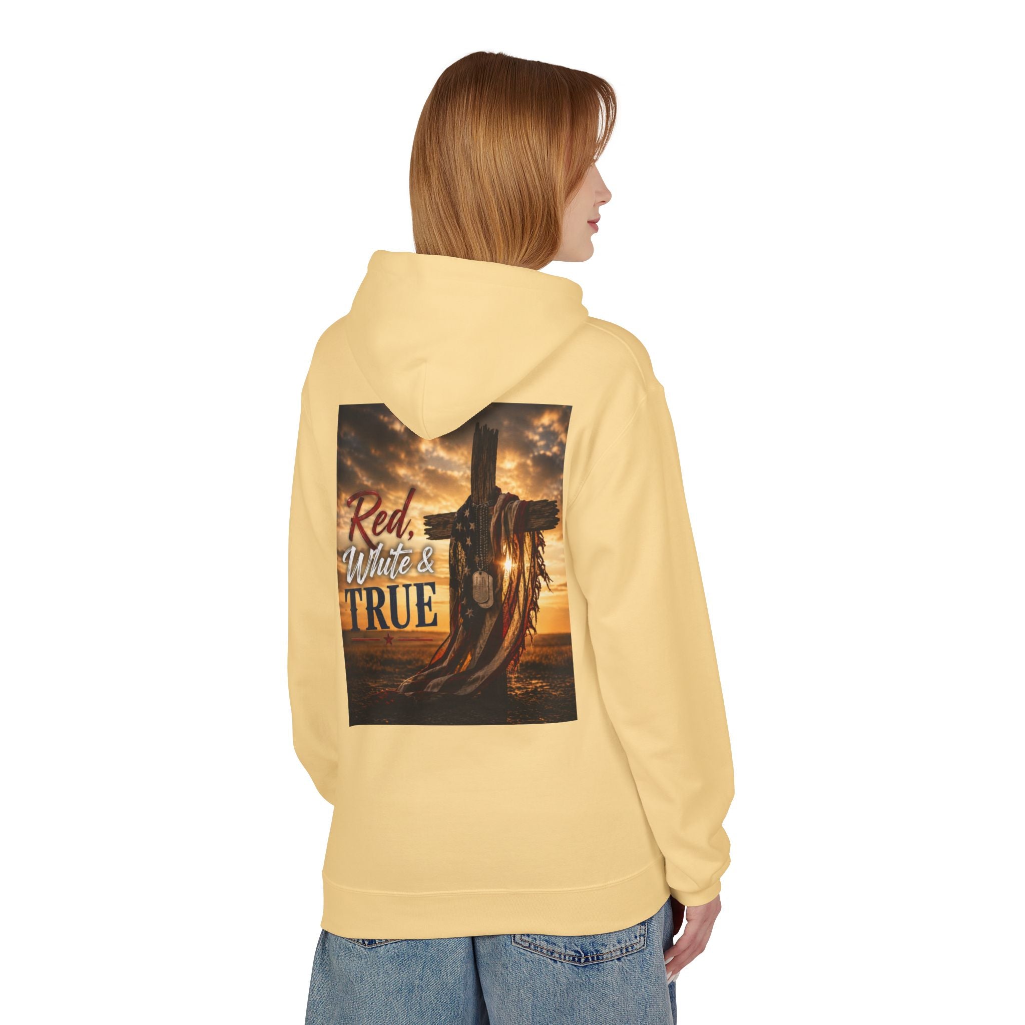 Red White & True Hoodie — Patriotic Cross Sunset Pullover