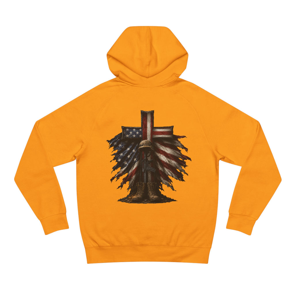American Flag Cross Hoodie — Patriotic Skull & Wings Back Graphic