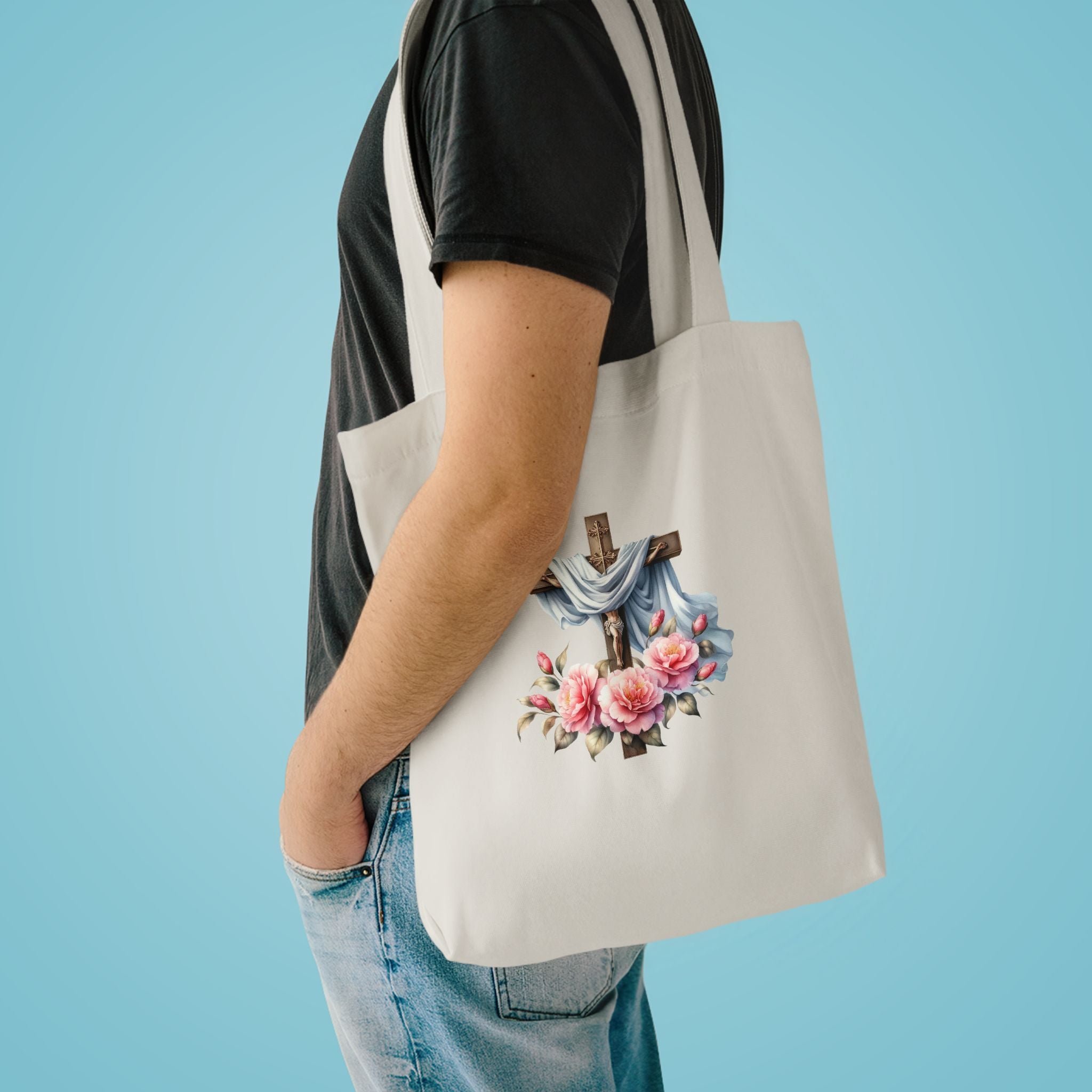 Religious Cross & Roses Cotton Tote Bag — Faith Floral Market Bag