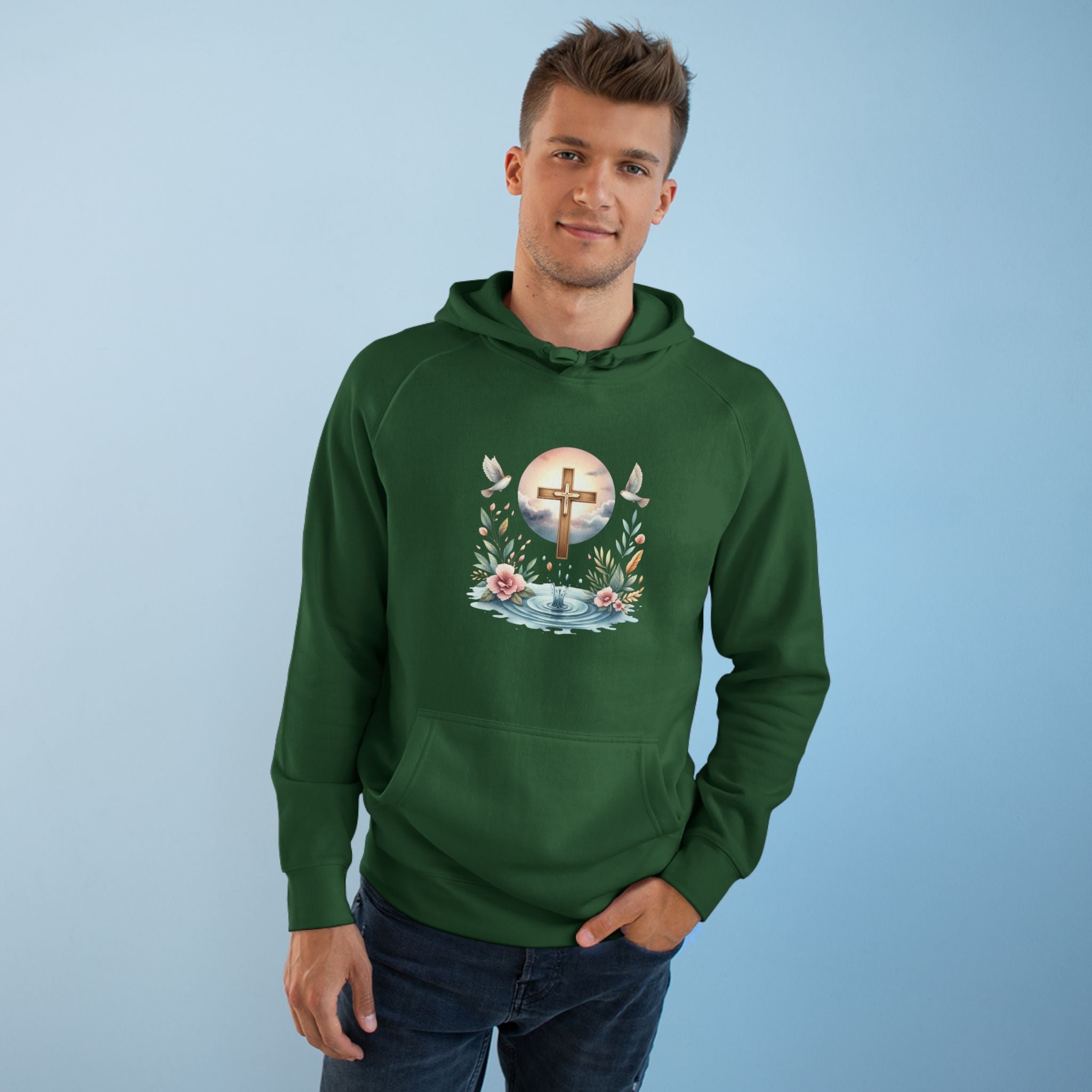 Christian Cross Floral Hoodie – Faith, Doves & Water Illustration