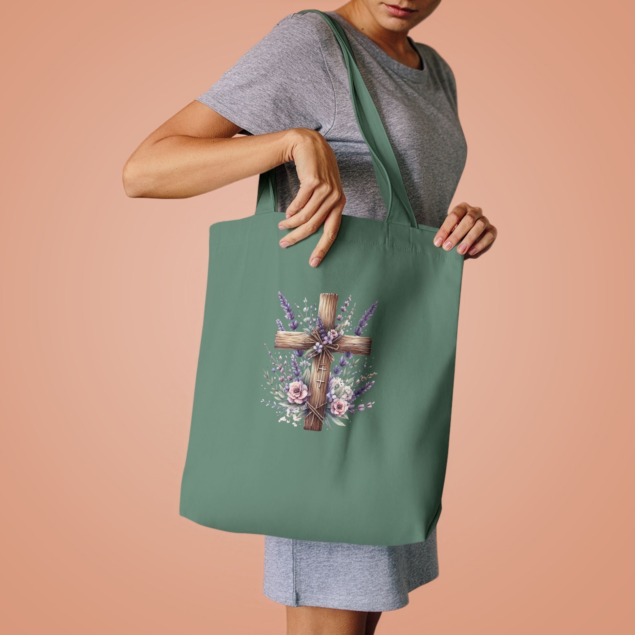 Floral Cross Cotton Tote Bag - Christian Easter Floral Grocery Tote