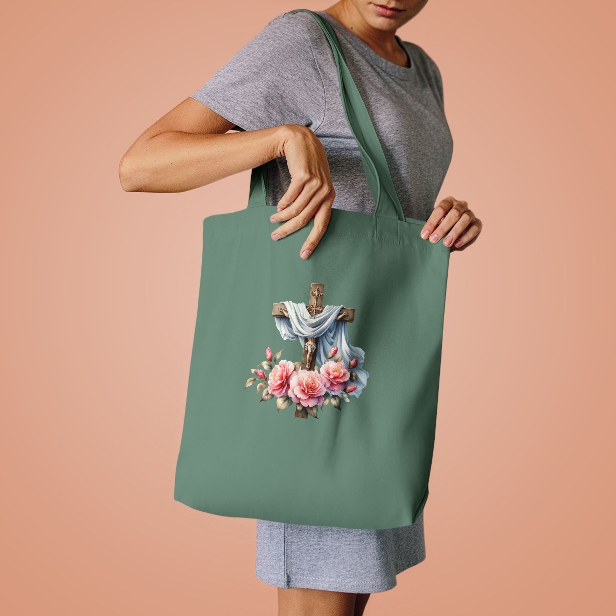 Religious Cross & Roses Cotton Tote Bag — Faith Floral Market Bag