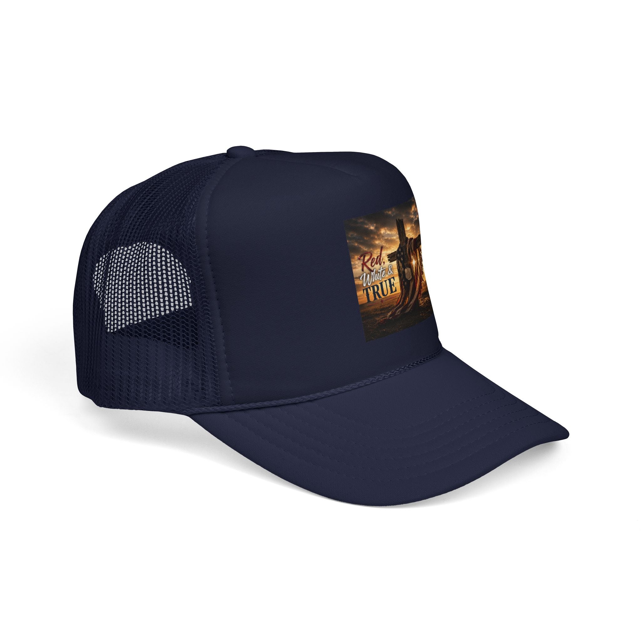 Trucker Hat — "God Made A Farmer" Cross Sunset Foam Trucker Hat