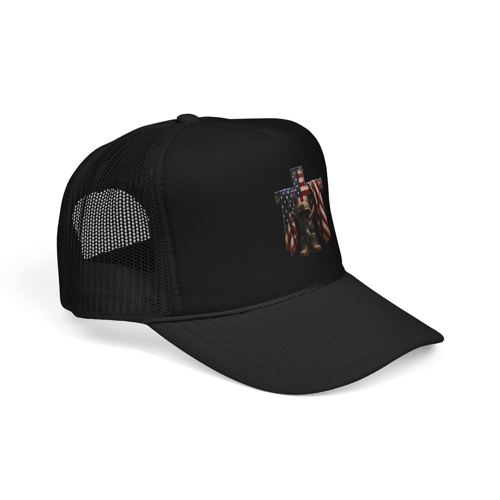 Trucker Hat — American Flag Cross with Soldier Memorial Design