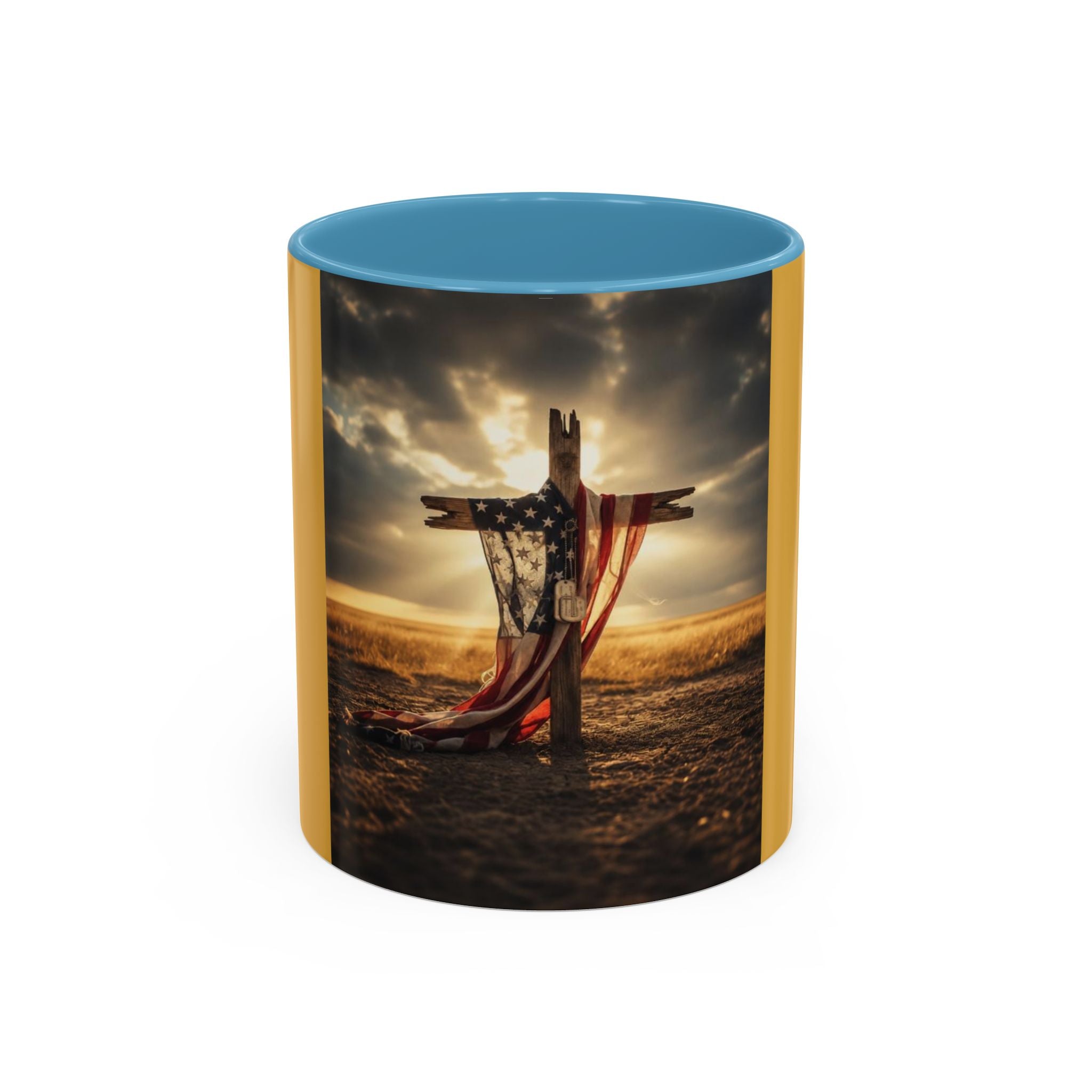 Patriotic Cross Coffee Mug — American Flag Sunrise Accent Mug (11/15oz)