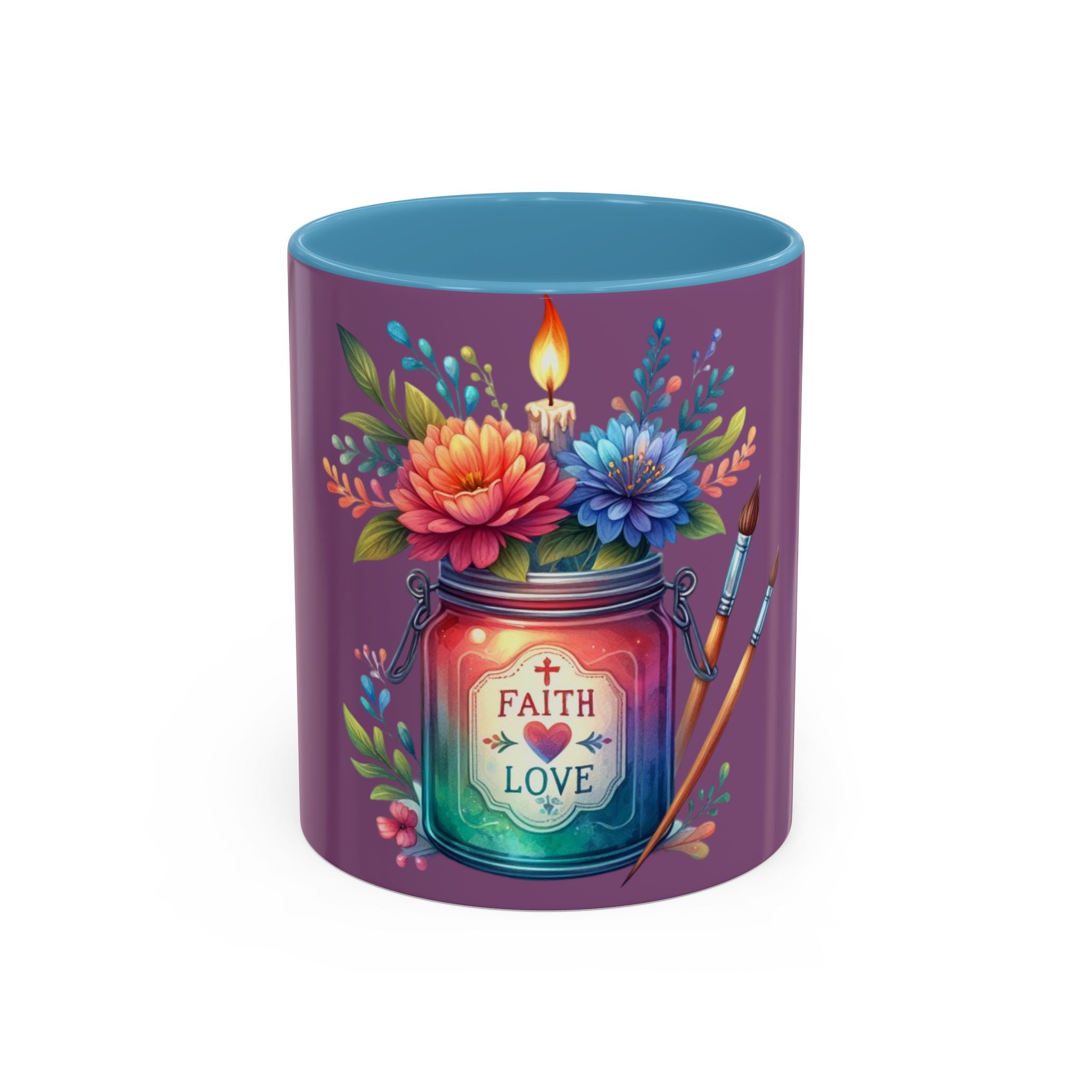 Faith & Love Floral Accent Coffee Mug — Colorful Candle Jar Design (11/15oz)