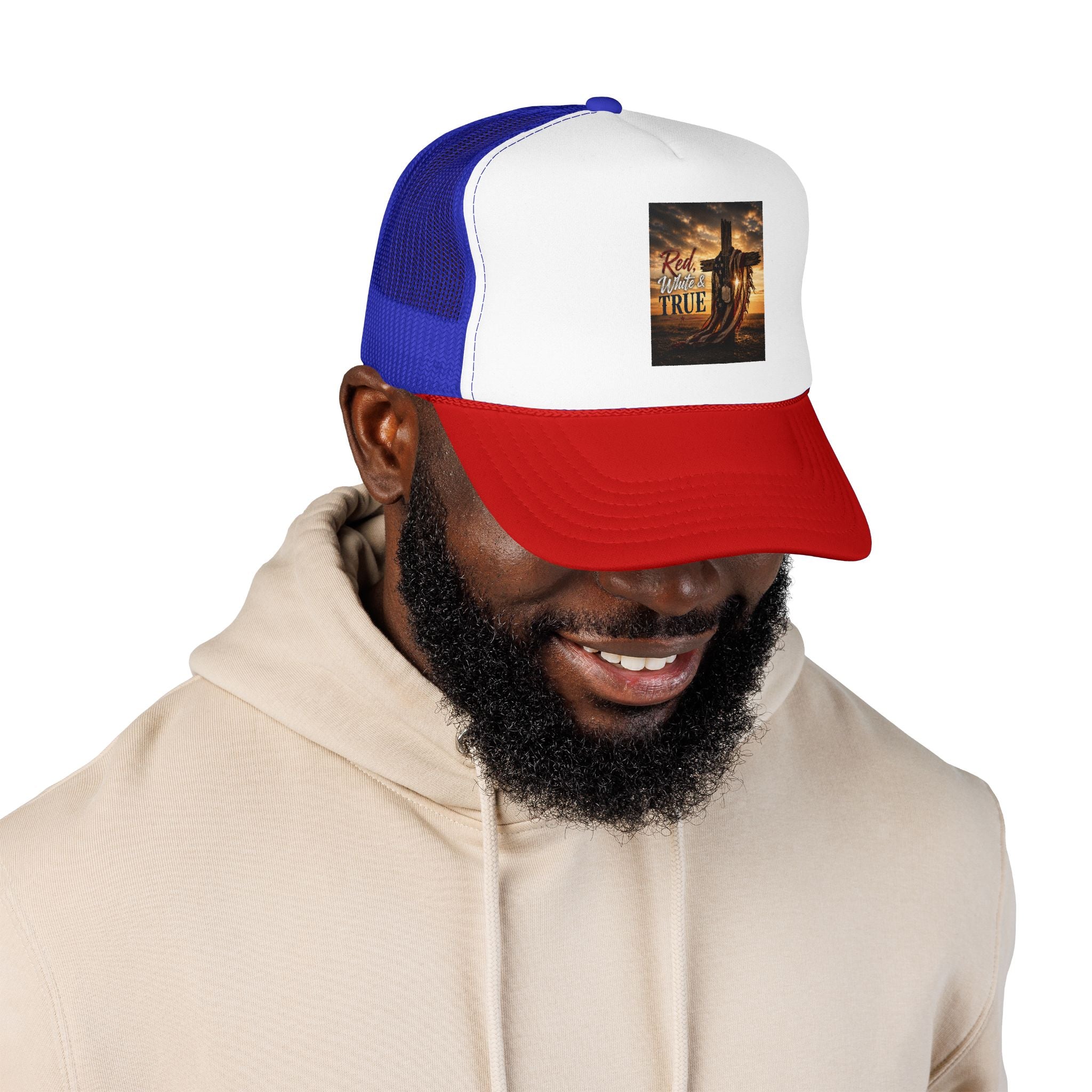 Trucker Hat — "God Made A Farmer" Cross Sunset Foam Trucker Hat