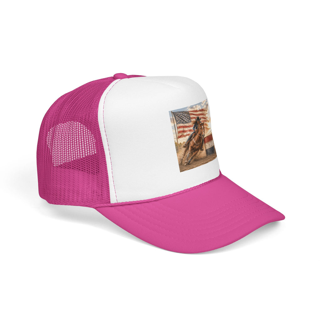 Western Rodeo Trucker Hat — Barrel Racing Horse with American Flag