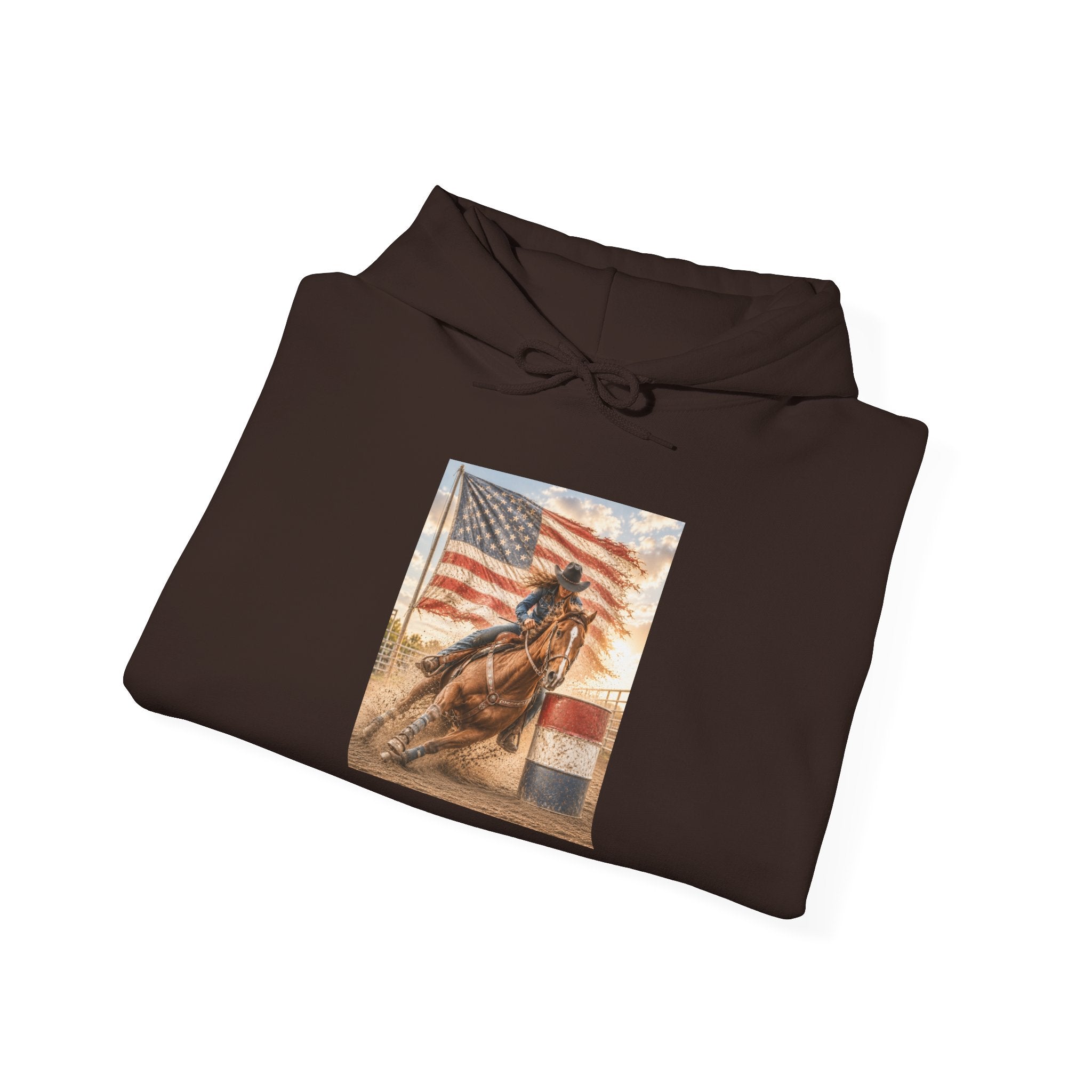 Patriotic Rodeo Horse Hoodie – American Flag Cowboy Pulled by Horse Pullover