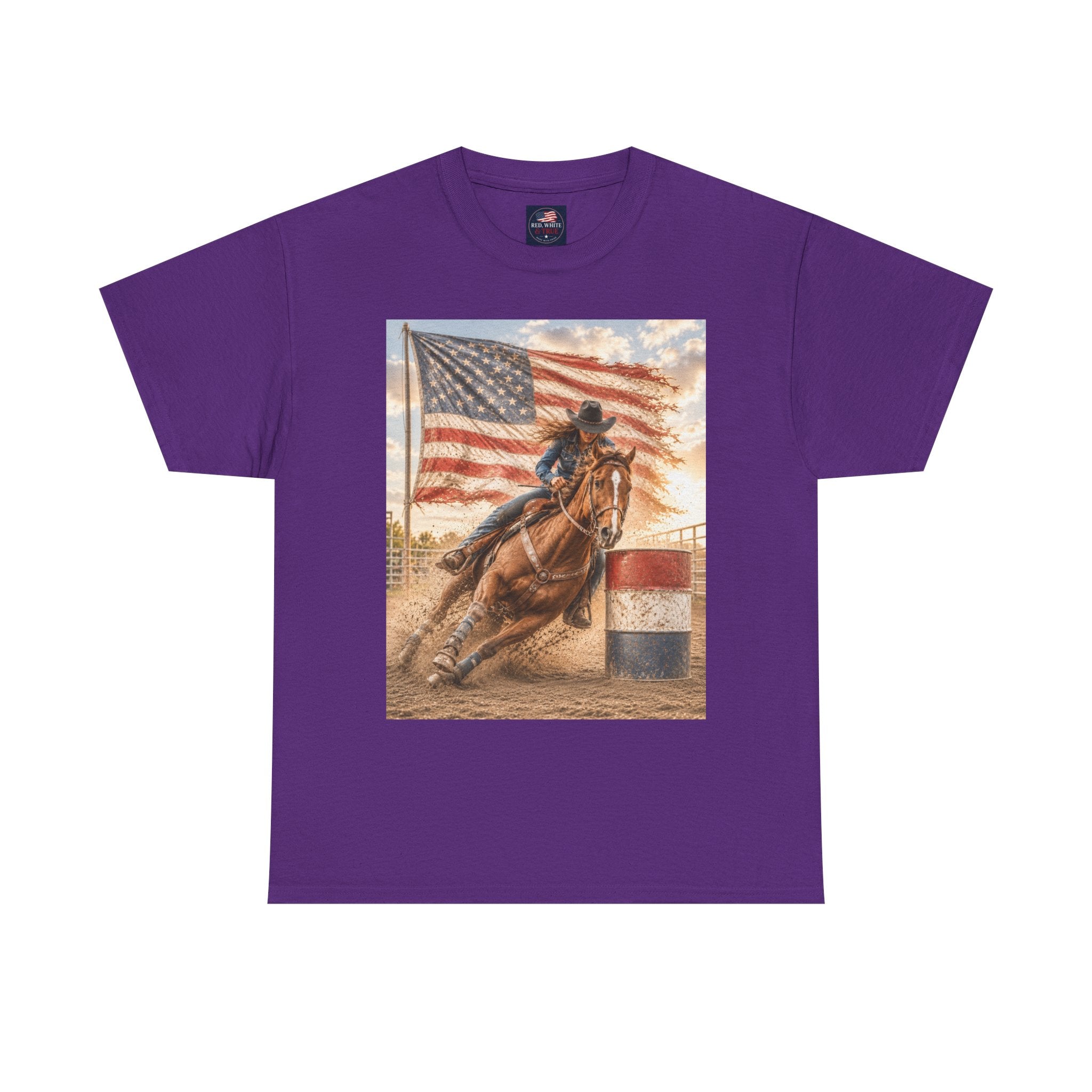 Patriotic Rodeo Barrel Racer T-Shirt — American Flag Horse Racing Tee