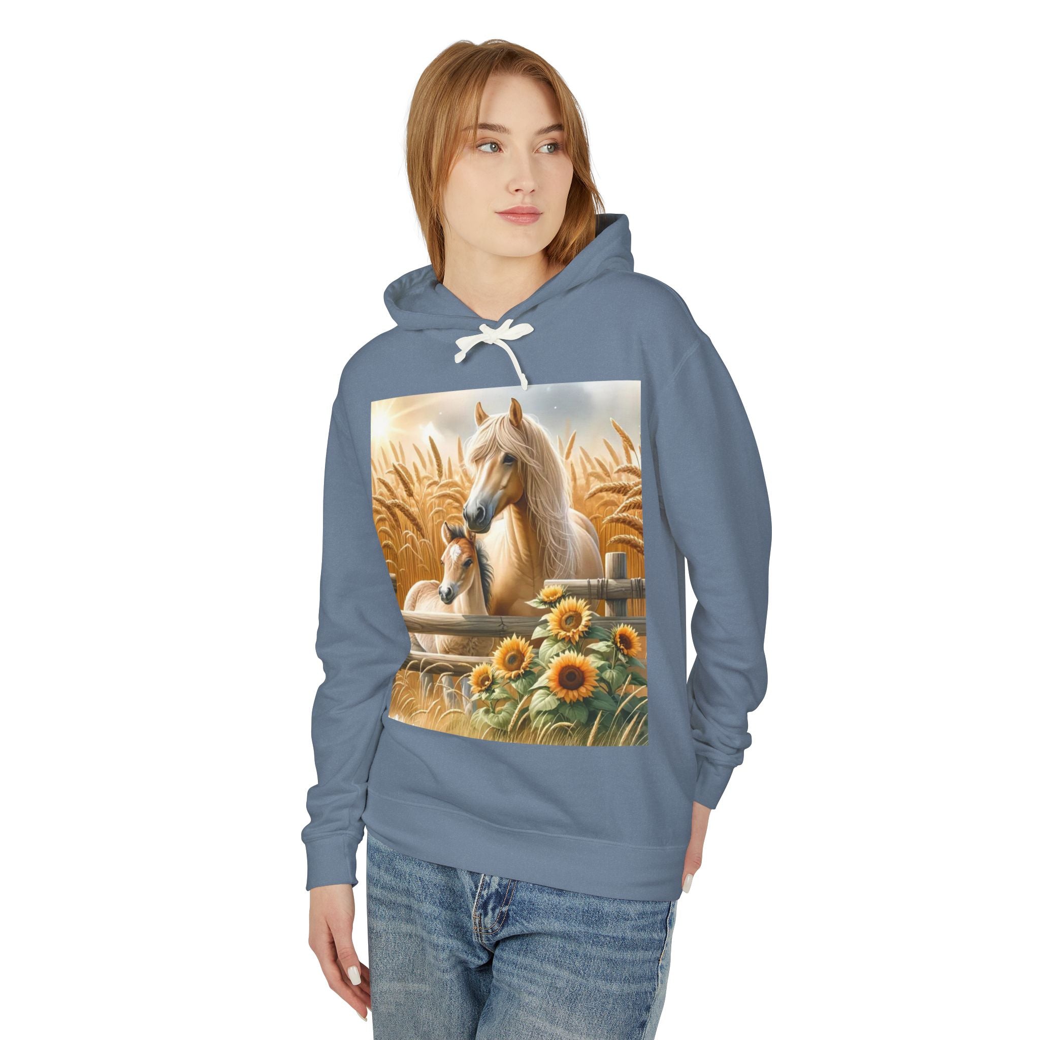 Horse & Foal Sunflower Hoodie — Pastel Farm Animal Sweatshirt