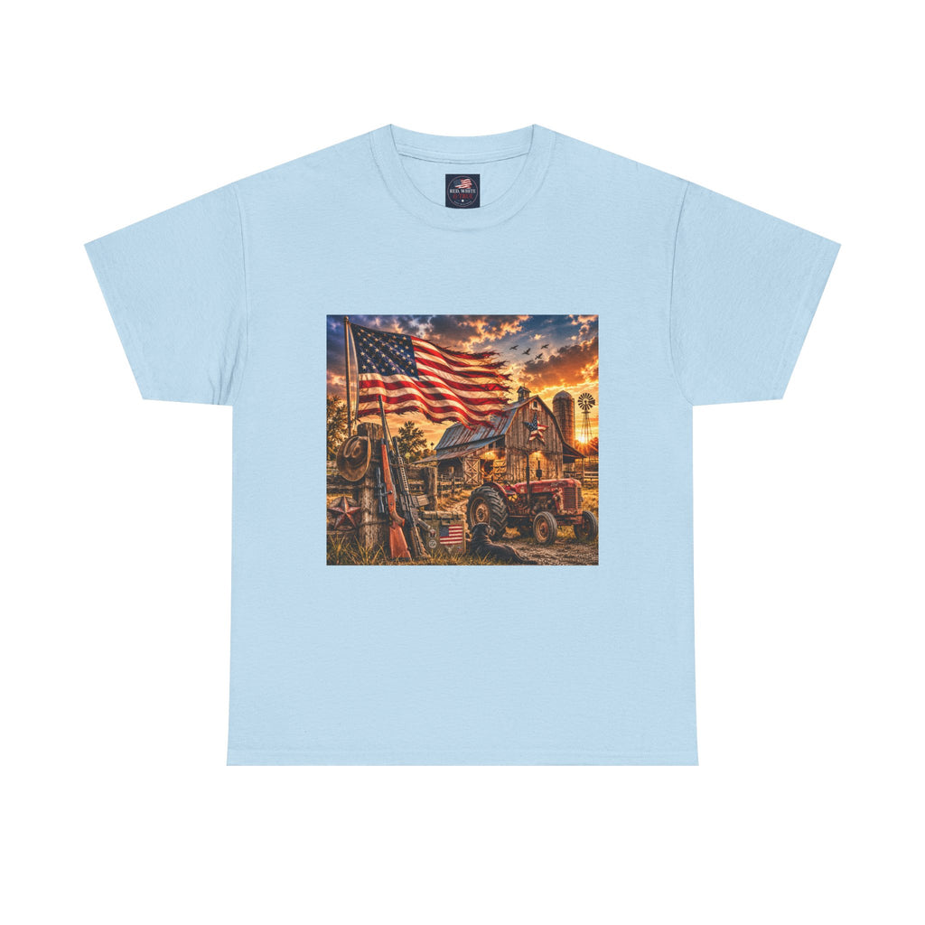 American Farm Sunset T-Shirt – Vintage Truck & Flag Rustic Patriotic Tee