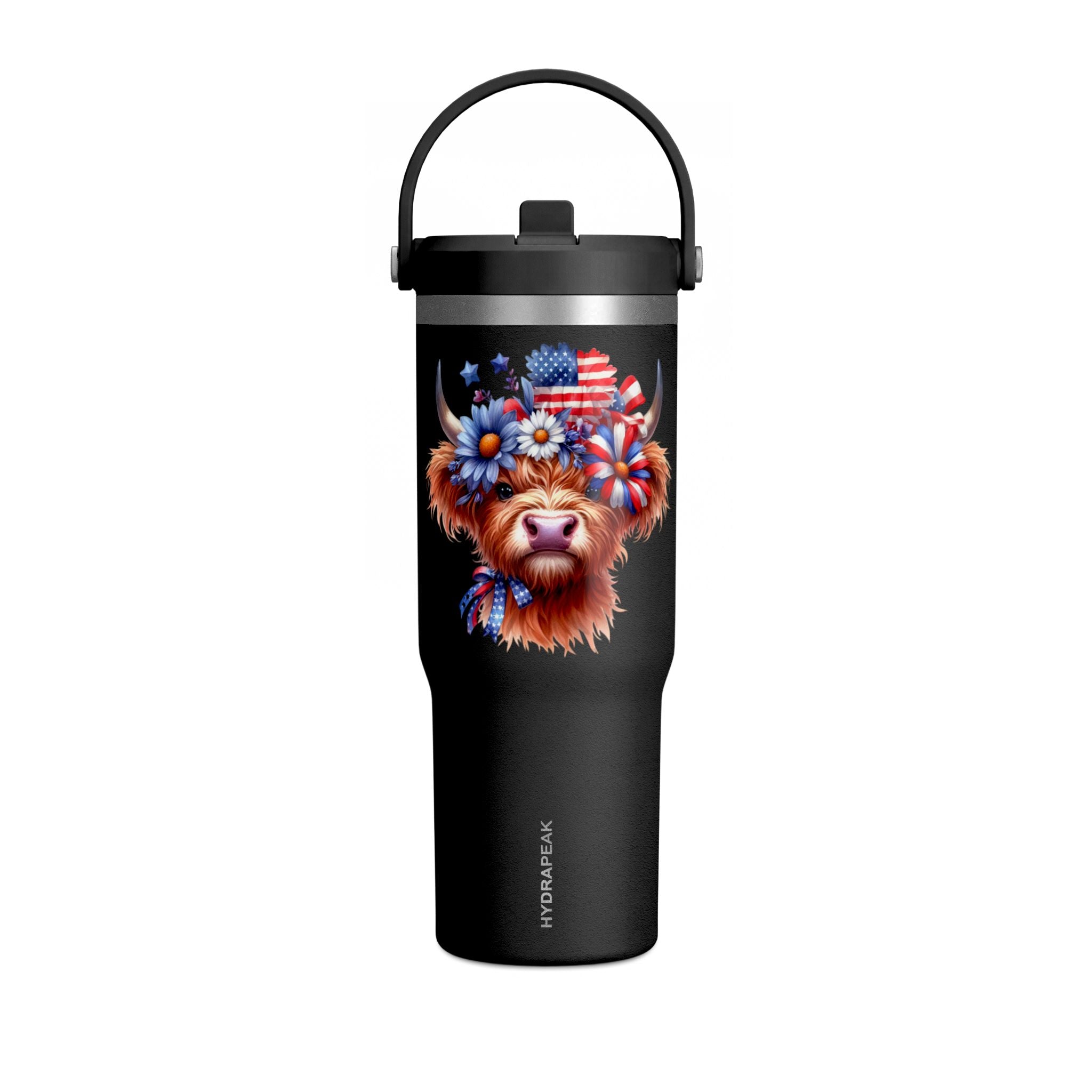 Patriotic Highland Cow 32oz Tumbler – Insulated Travel Mug with American Flag Floral Design