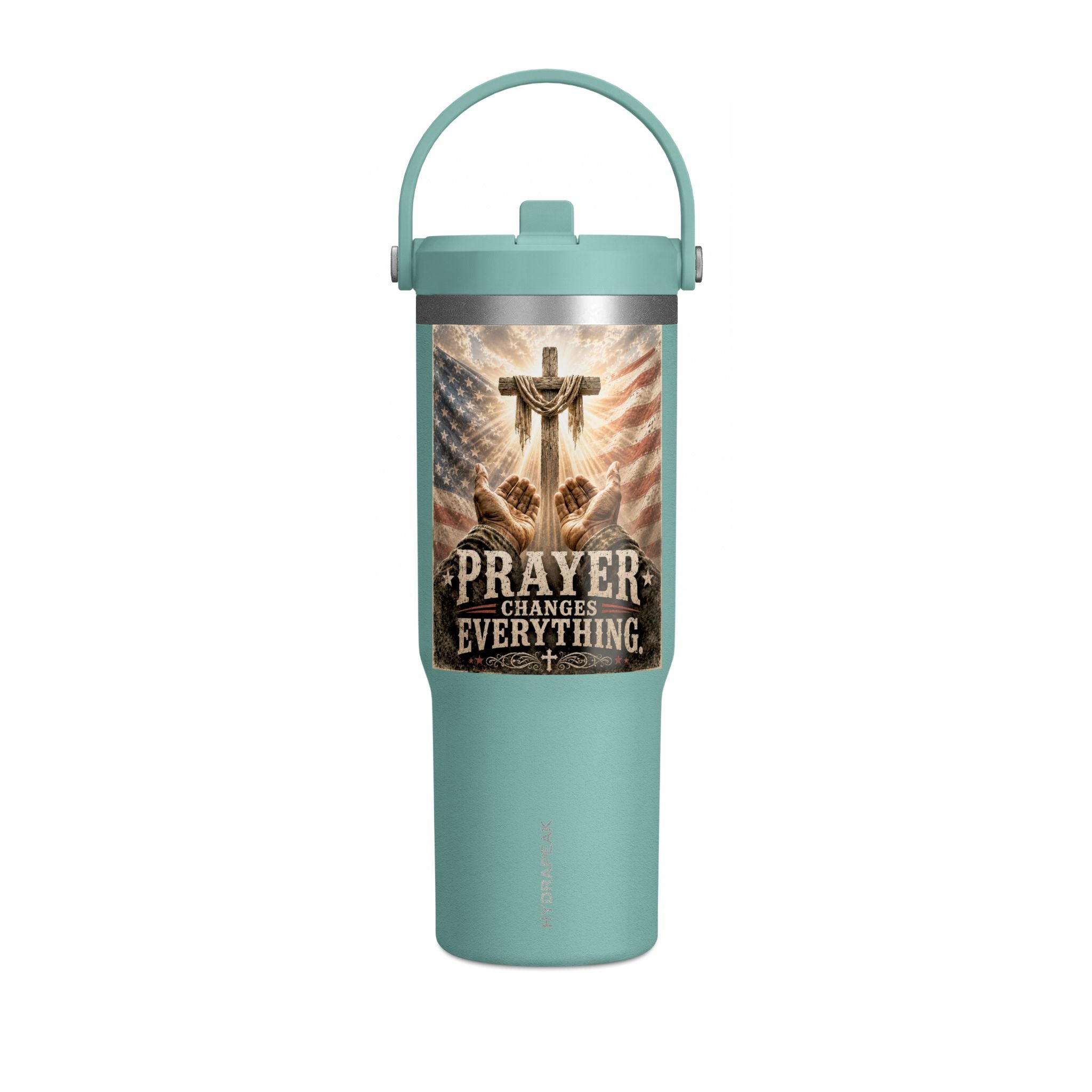 Prayer Changes Everything 32oz Tumbler - Christian Cross & American Flag Travel Cup