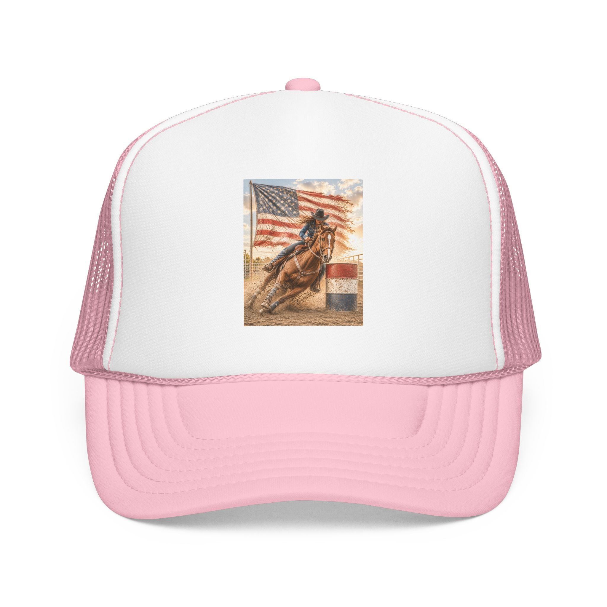 Western Rodeo Trucker Hat — Barrel Racing Horse with American Flag