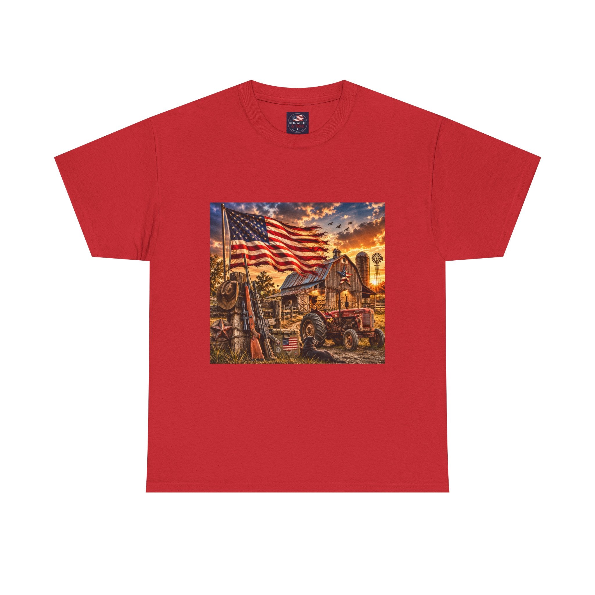 American Farm Sunset T-Shirt – Vintage Truck & Flag Rustic Patriotic Tee