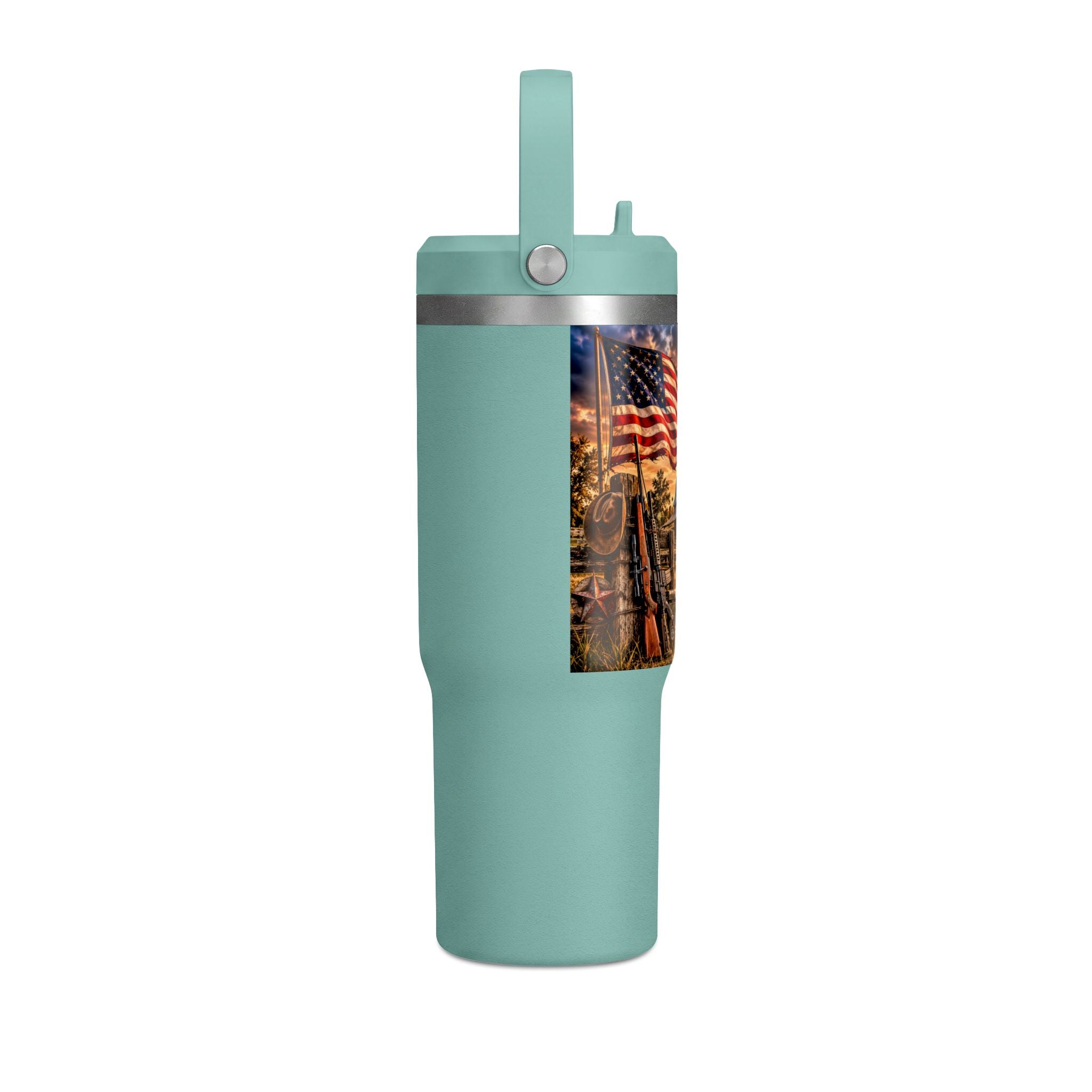 32oz Nomad Tumbler — Patriotic American Flag & Rustic Farm Scene Insulated Travel Mug