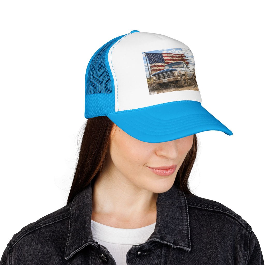 Patriotic Mud Truck Trucker Hat — American Flag Off-Road Foam Cap