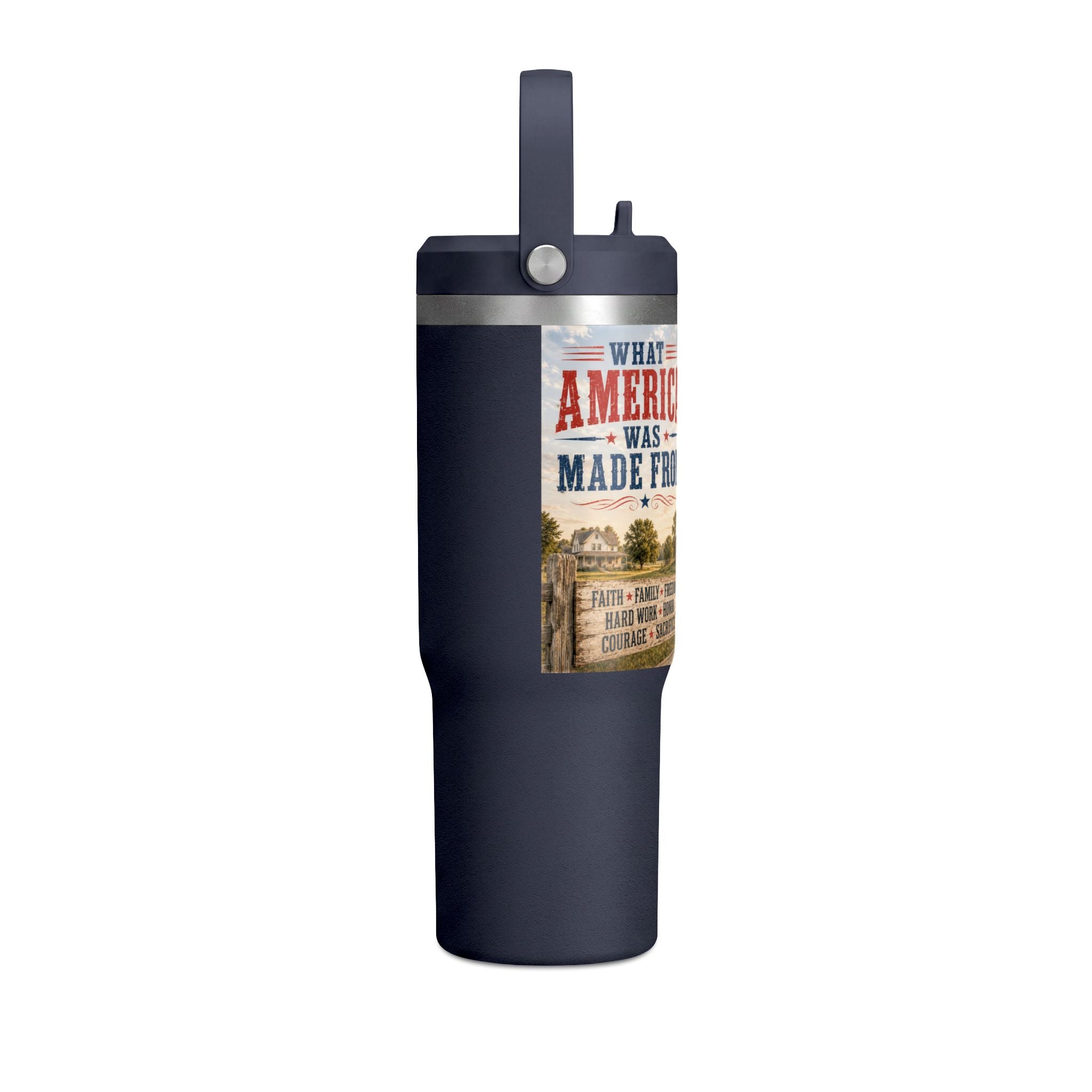 32oz Insulated Tumbler — Rustic 'What America Was Made From' Farm Flag Design