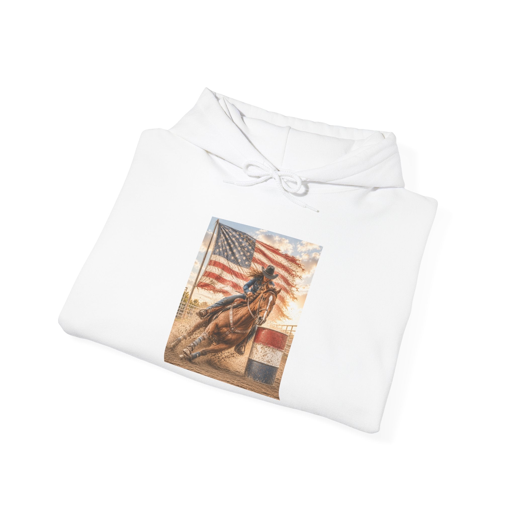 Patriotic Rodeo Horse Hoodie – American Flag Cowboy Pulled by Horse Pullover