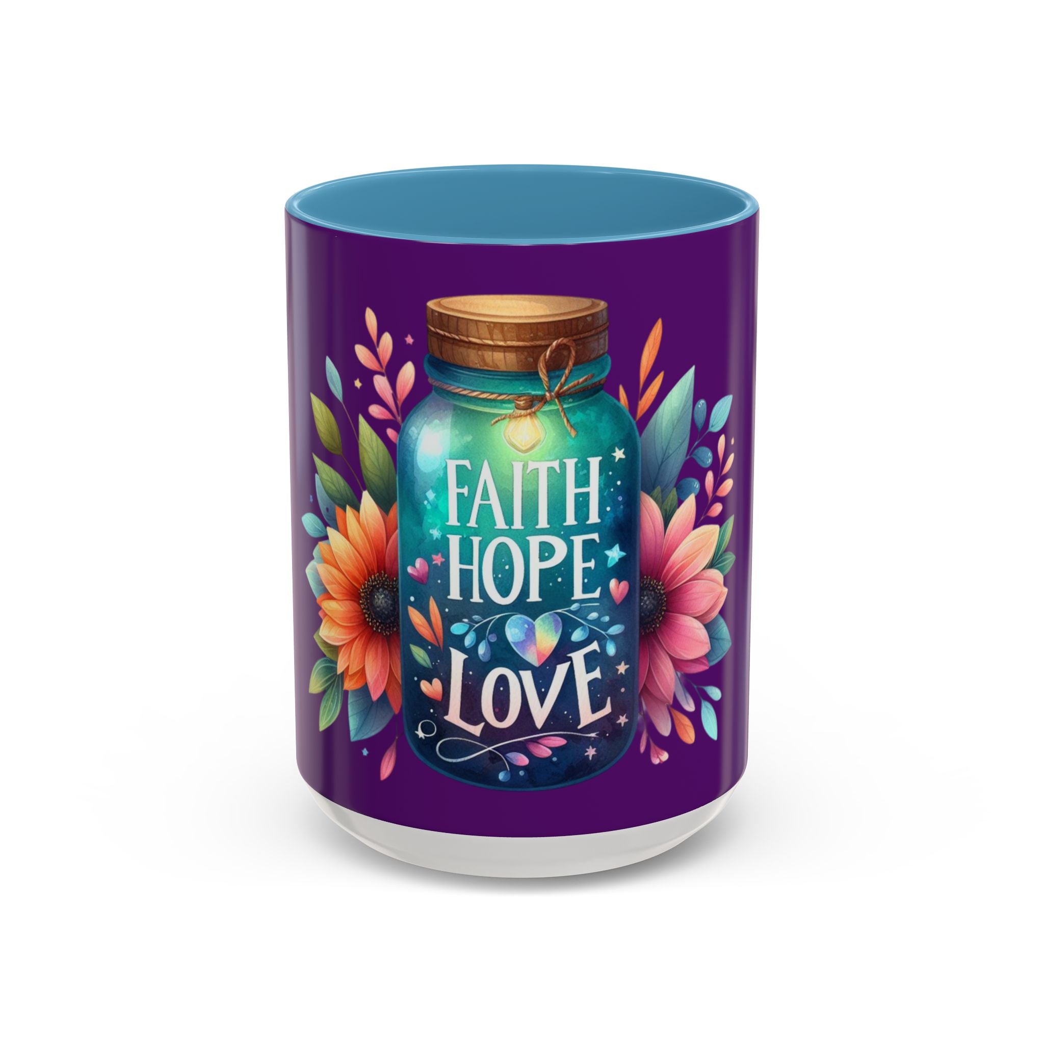 Faith Hope Love Accent Coffee Mug — Floral Jar Design (11/15 oz)