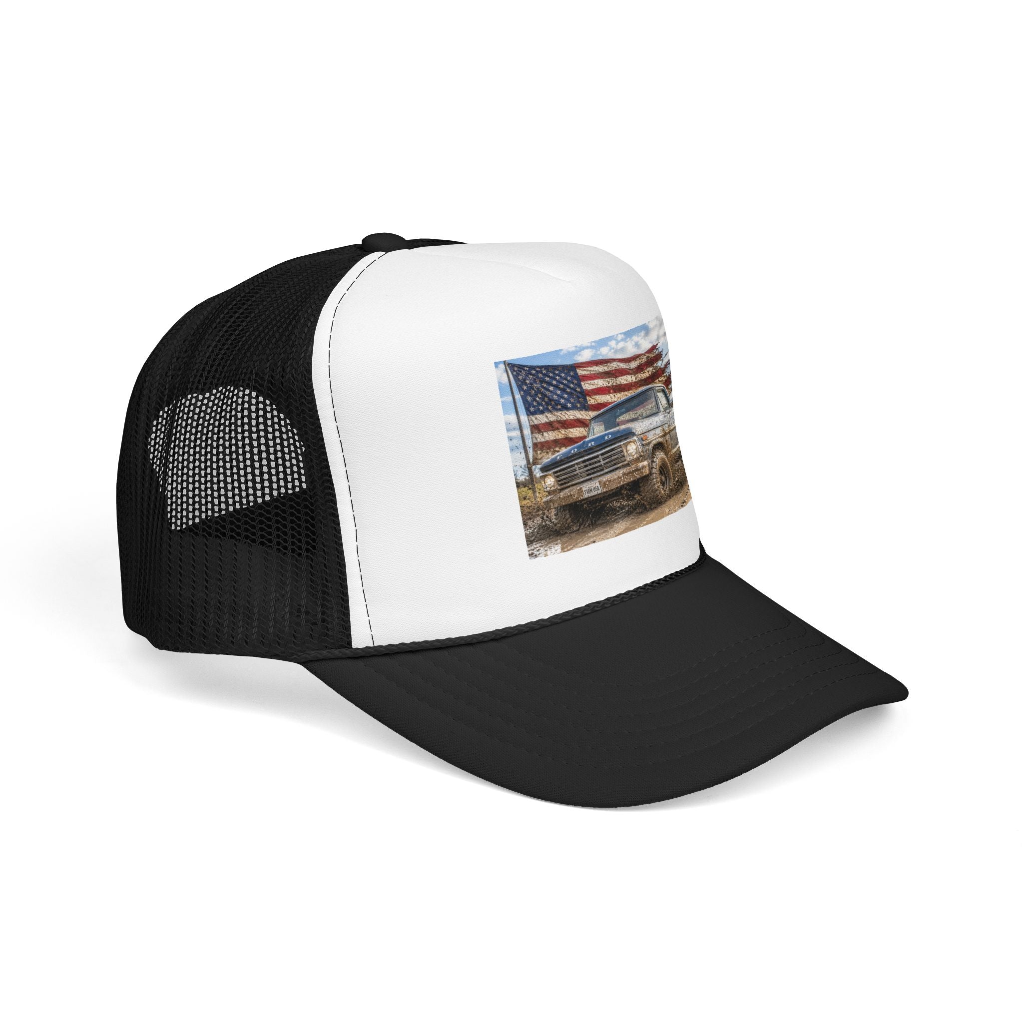 Patriotic Mud Truck Trucker Hat — American Flag Off-Road Foam Cap
