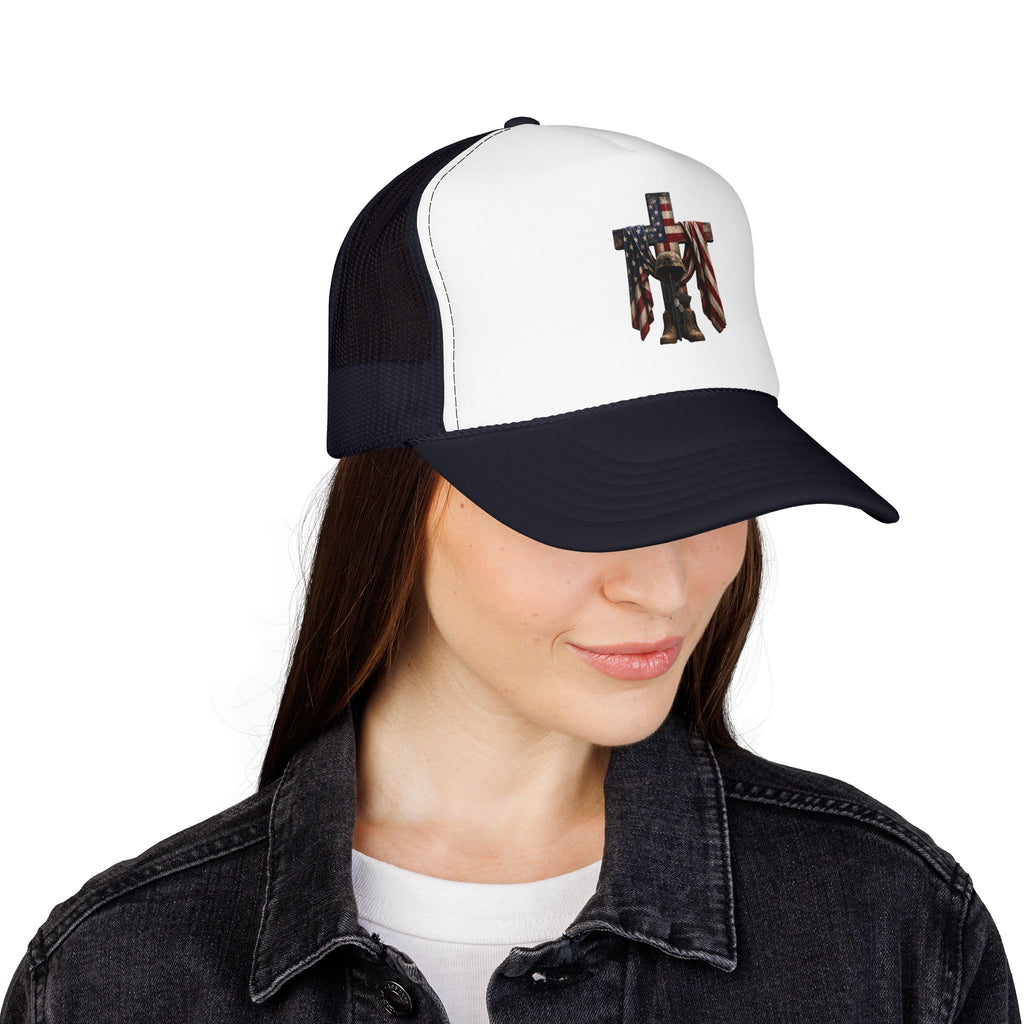 Trucker Hat — American Flag Cross with Soldier Memorial Design