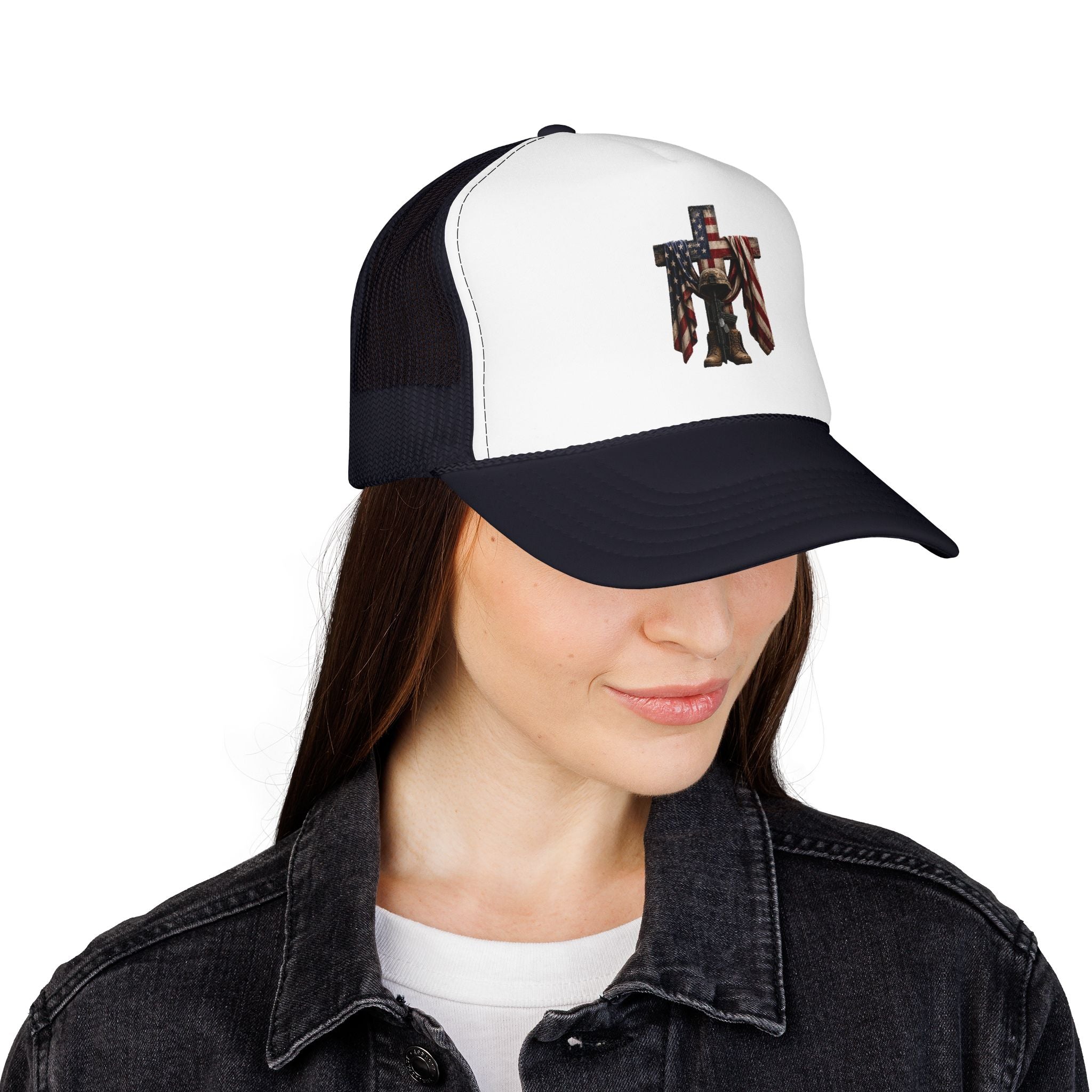 Trucker Hat — American Flag Cross with Soldier Memorial Design