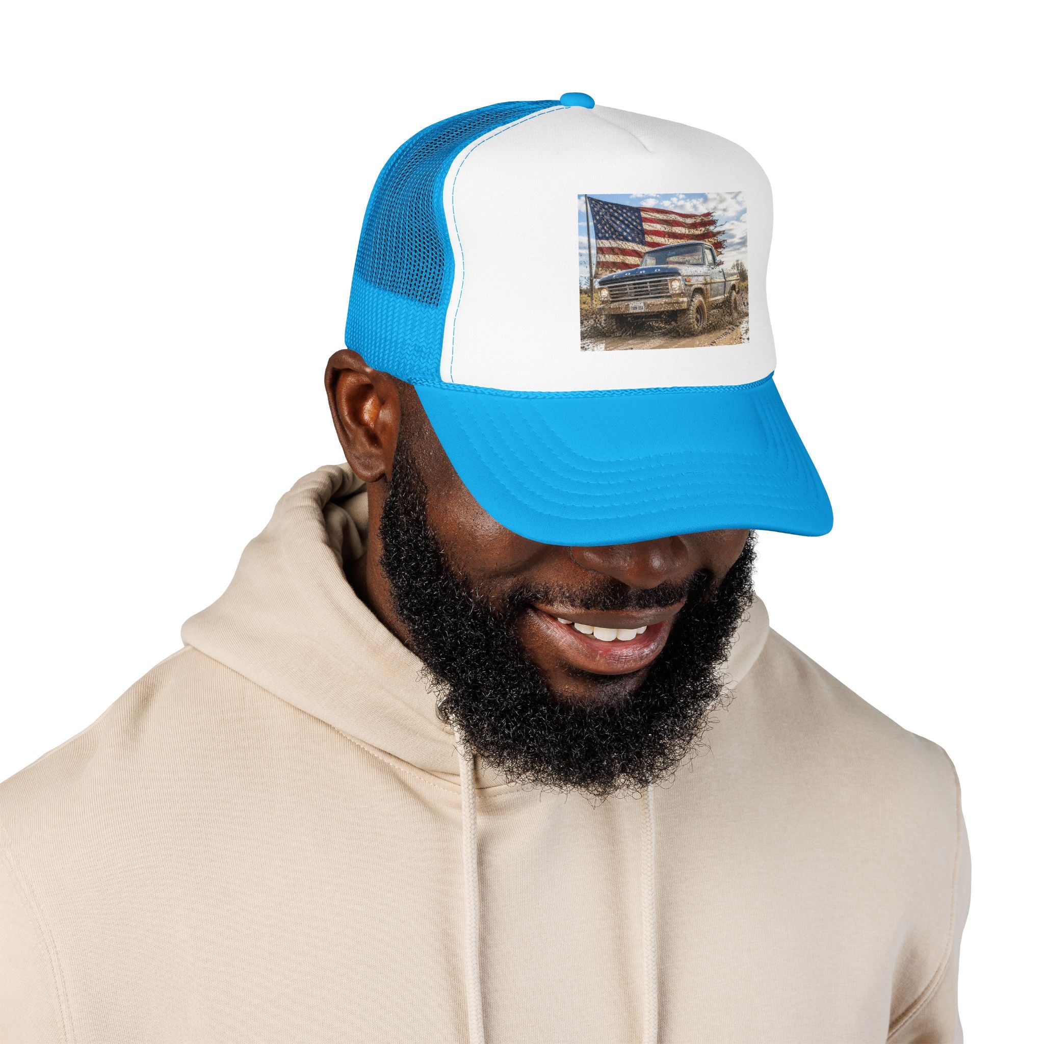 Patriotic Mud Truck Trucker Hat — American Flag Off-Road Foam Cap