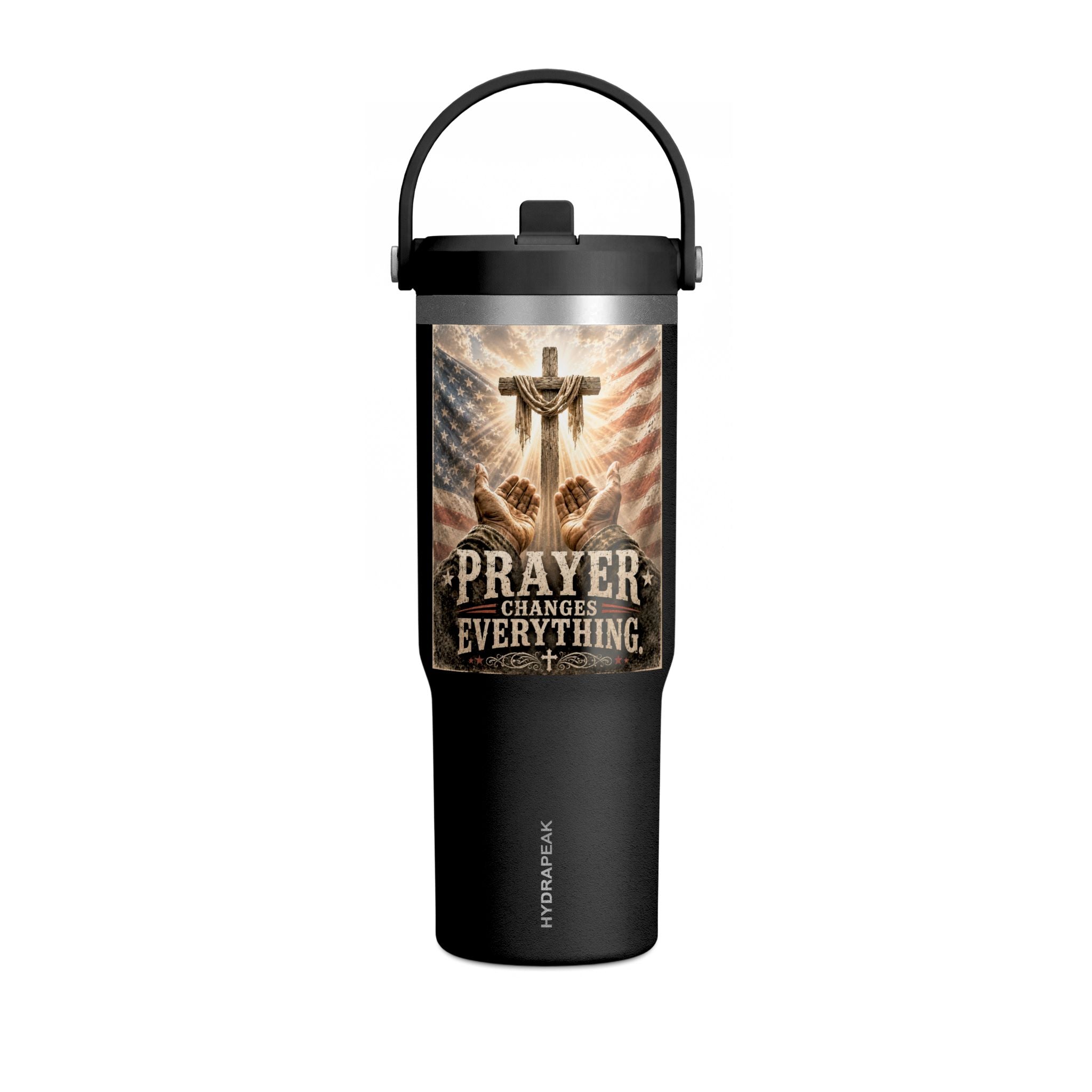 Prayer Changes Everything 32oz Tumbler - Christian Cross & American Flag Travel Cup