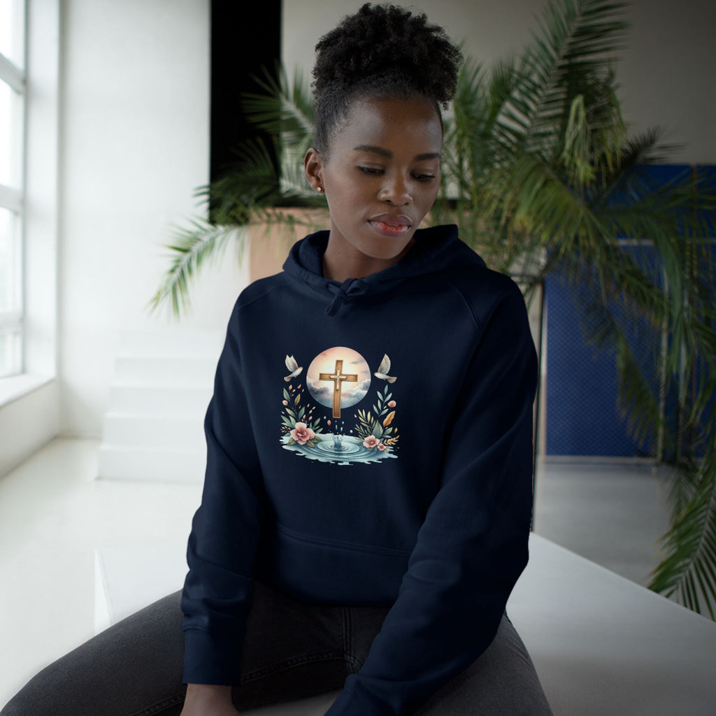 Christian Cross Floral Hoodie – Faith, Doves & Water Illustration