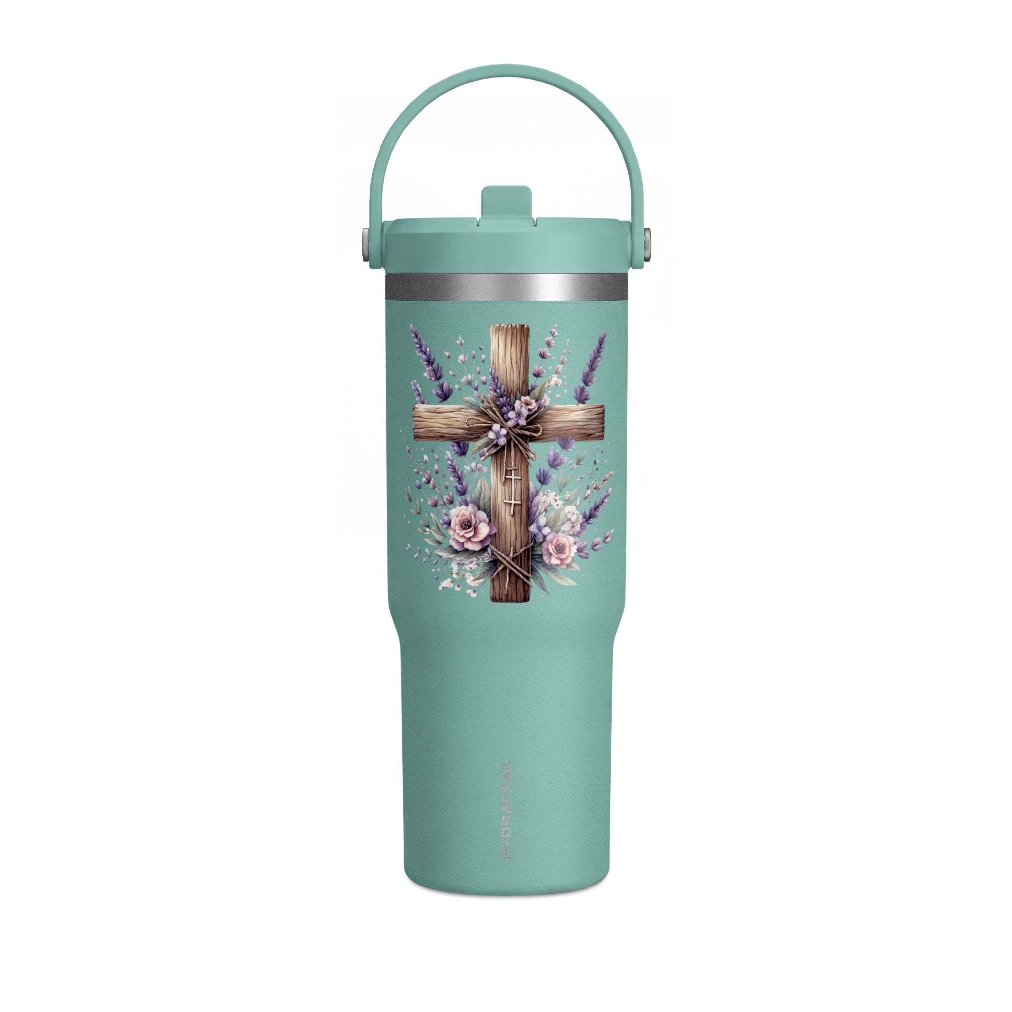 32oz Tumbler with Floral Cross Design — Christian Hydration Bottle | Lavender & Rose Nomad Tumbler