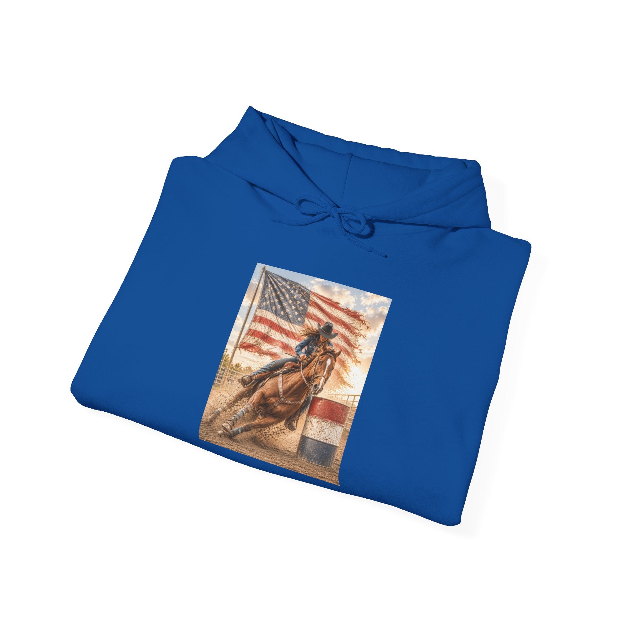 Patriotic Rodeo Horse Hoodie – American Flag Cowboy Pulled by Horse Pullover