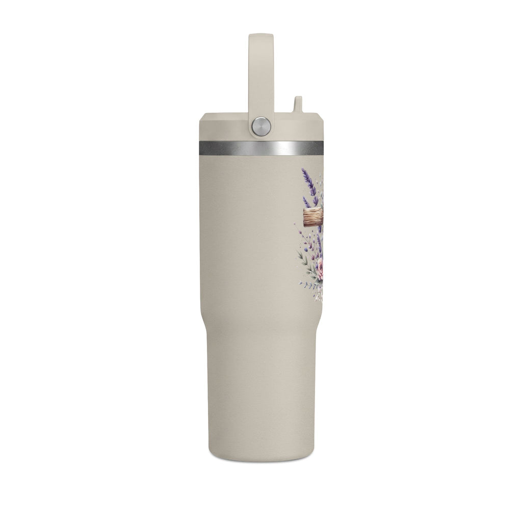 32oz Tumbler with Floral Cross Design — Christian Hydration Bottle | Lavender & Rose Nomad Tumbler